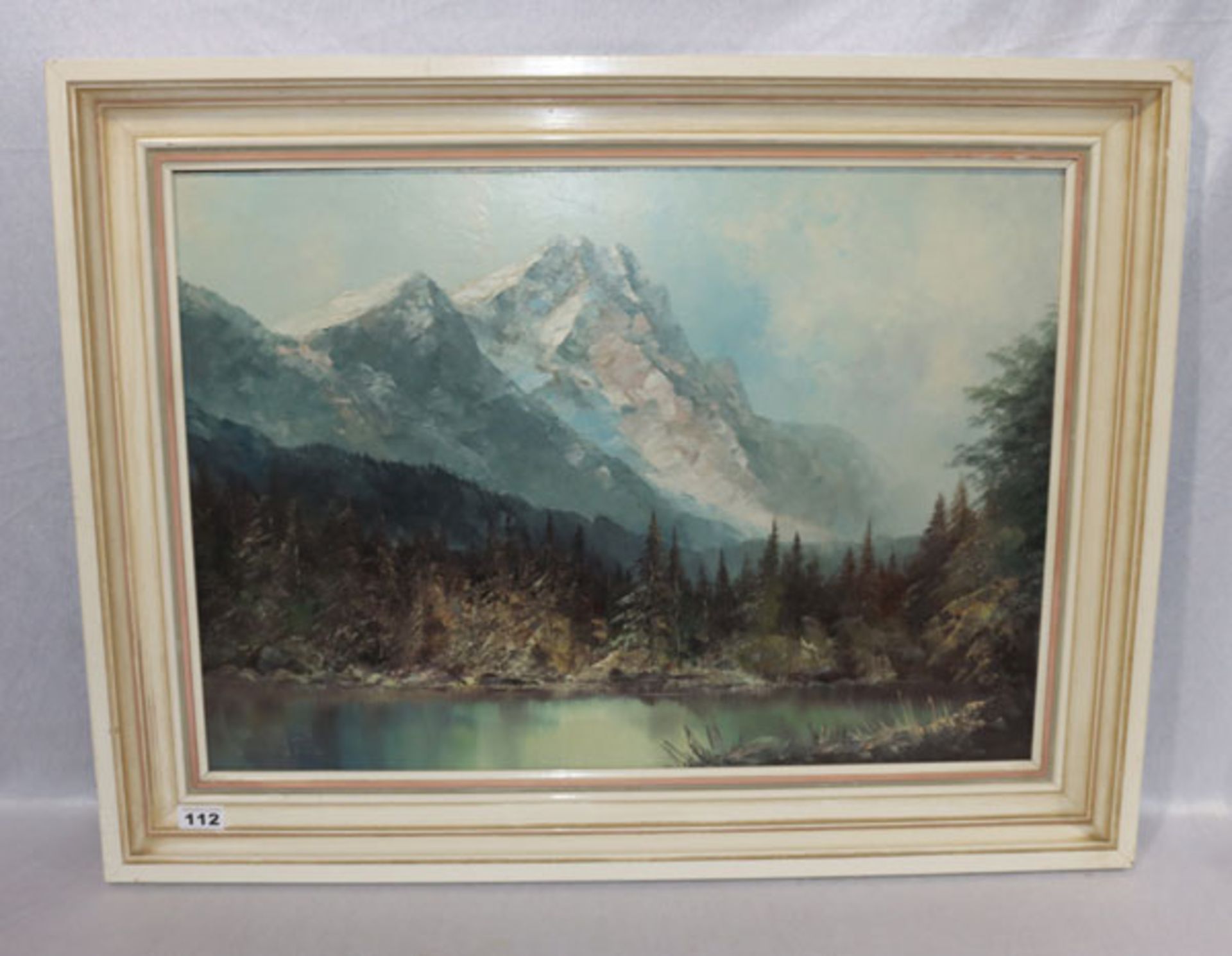 Gemälde ÖL/Hartfaser 'Badersee mit Zugspitze', signiert Keizers, der Maler lebte um 1970 zeitweise