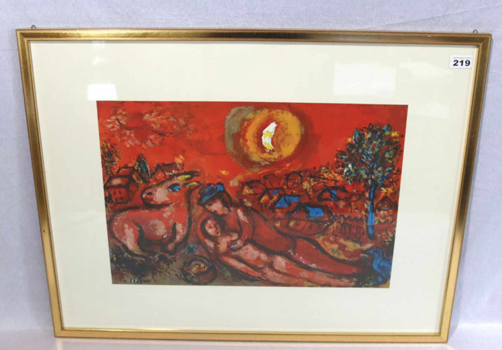 Lithographie 'Liebespaar mit Stier', nach Marc Chagall, unter Glas gerahmt, Rahmen leicht bestossen,