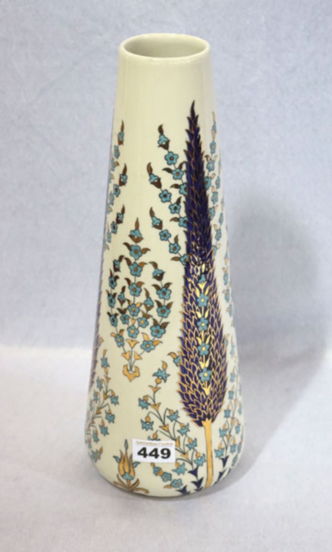 Keramik Vase mit blau/goldenem Floraldekor, H 41 cm, D 16 cm, Gebrauchsspuren