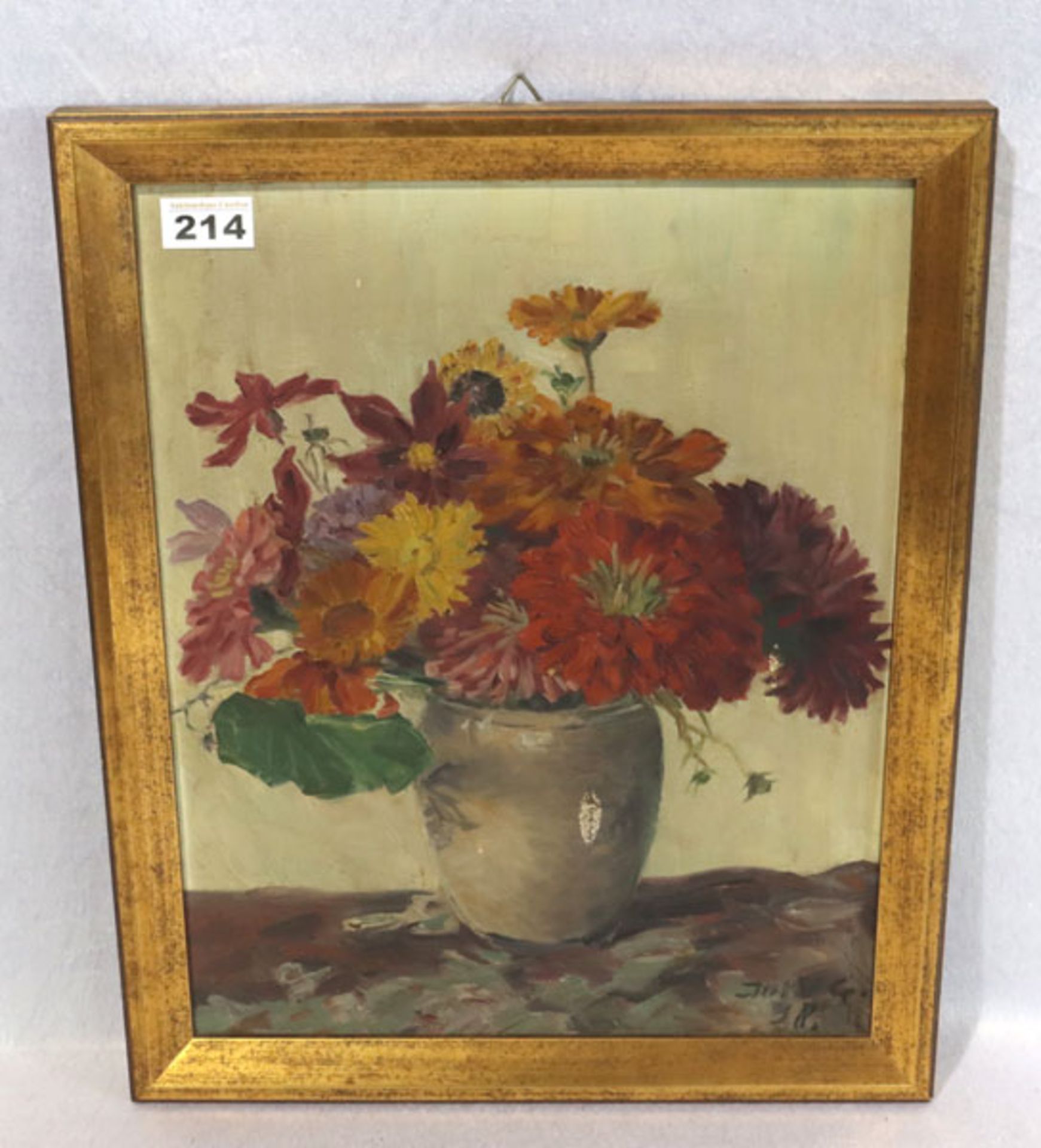 Gemälde ÖL/Malkarton 'Blumenstrauß in Vase', monogrammiert Jul.V.G. für Julius Wilhelm