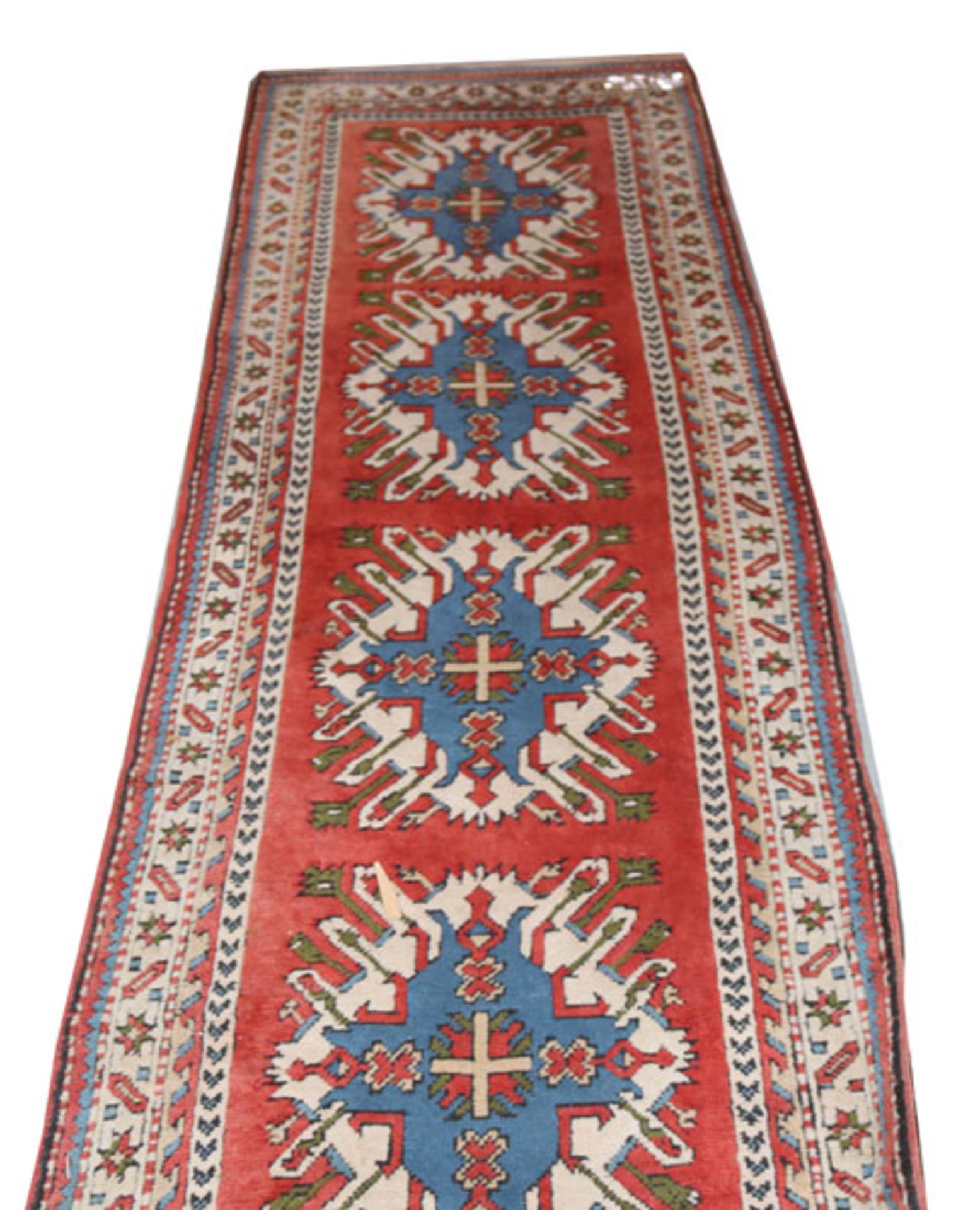 Läufer, Kars-Kazak, rot/blau/beige, abgetreten, starke Gebrauchsspuren, 408 cm x 90 cm