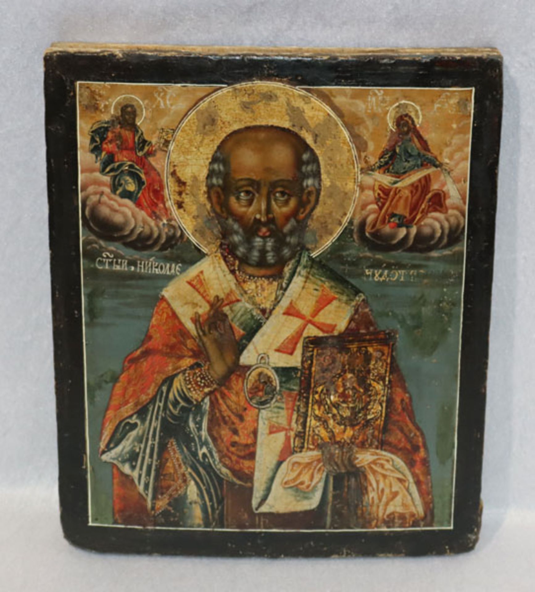 Ikone 'Heiliger Nikolaus von Myra', Russland, 18./19. Jahrhundert, altersbedingter Zustand, 31 cm