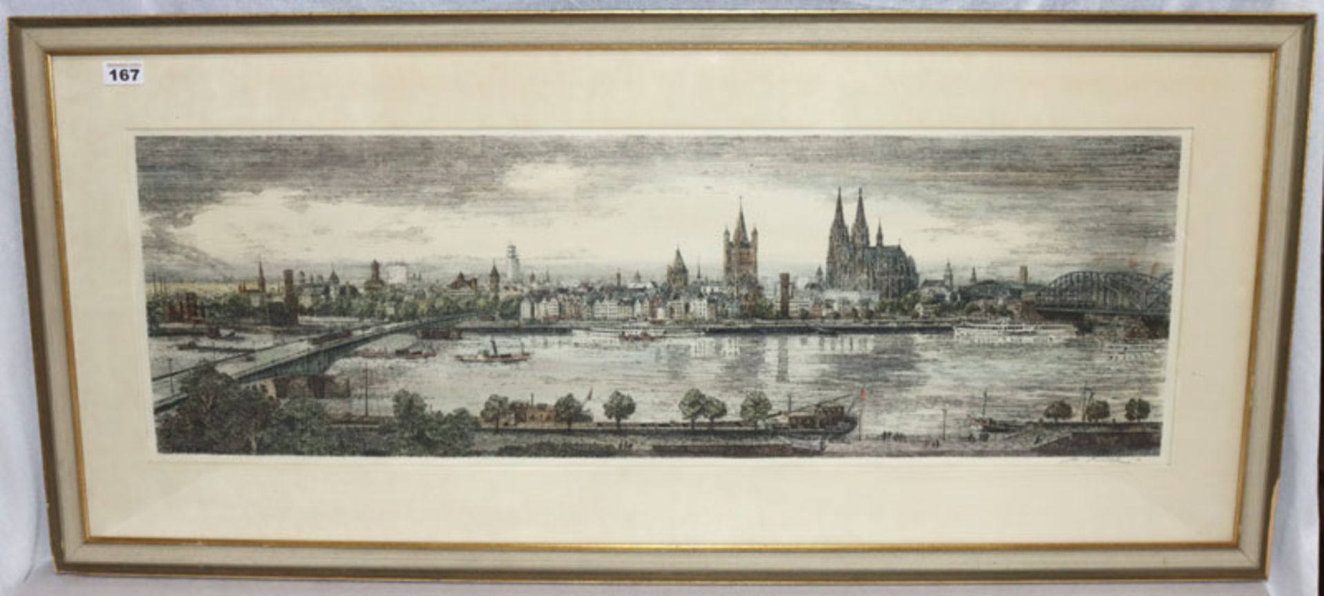 Stich 'Ansicht Köln am Rhein', Blatt fleckig, mit Passepartout unter Glas gerahmt, Rahmen