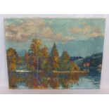 Gemälde ÖL/LW 'Herbstlandschaft mit See', undeutlich signiert, LW teils beschädigt,