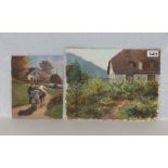 2 Gemälde ÖL/Malkarton 'Bäuerin mit Kuh' und 'Haus mit Bauerngarten, Oberplars, 1984', ein Gemälde