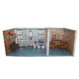 Puppenstube mit Ausstattung, 2 Räume, Küche und Wohnzimmer, H 46 cm, B 110 cm, T 51 cm, tapeziert,