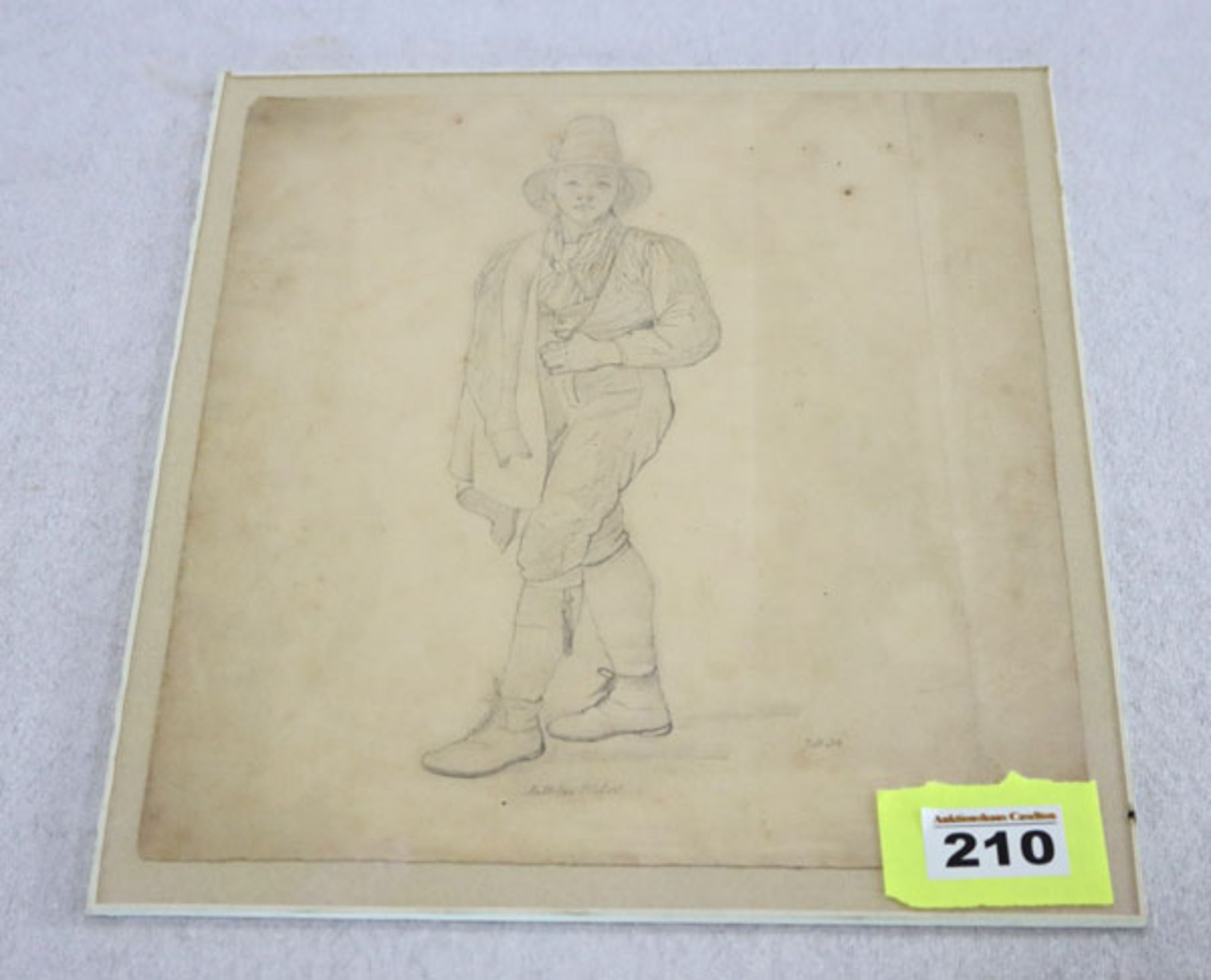 Bleistiftzeichnung 'Mann in Tracht', bez. Mathias Waler Juli 34', Blatt fleckig, unter Glas, 32 cm x
