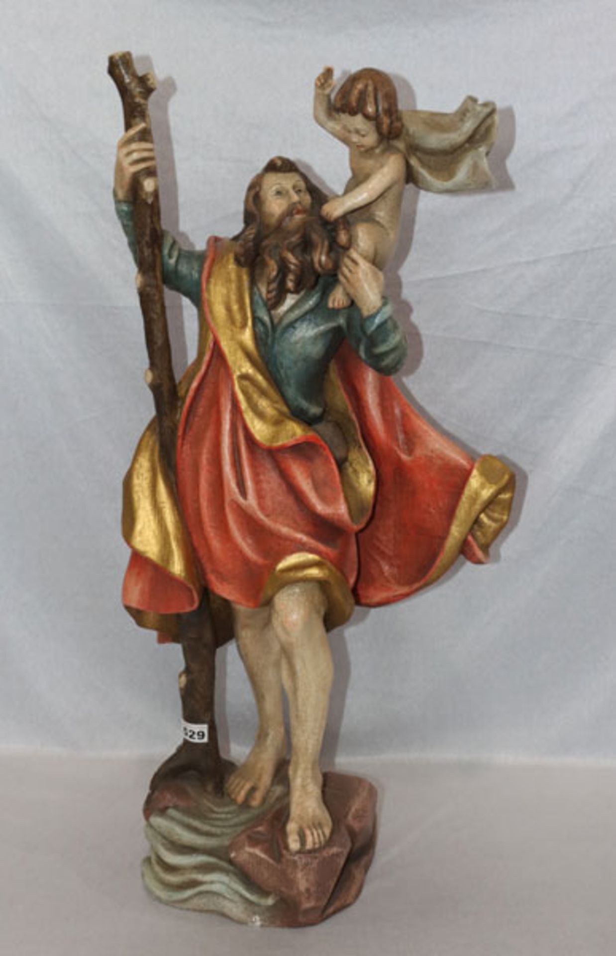 Holz Figurenskulptur 'Hl. Christophorus', am Boden signiert St. Flesser, Meran 1980, farbig