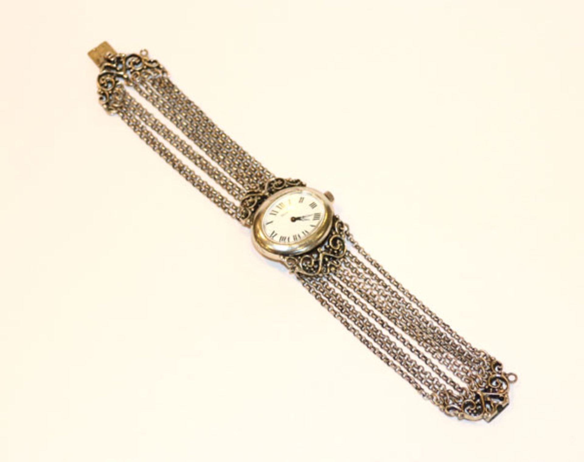 Mirabell, 800 Silber Trachten-Armbanduhr mit 9 Ketten, 50 gr., L 19 cm, Funktion nicht geprüft