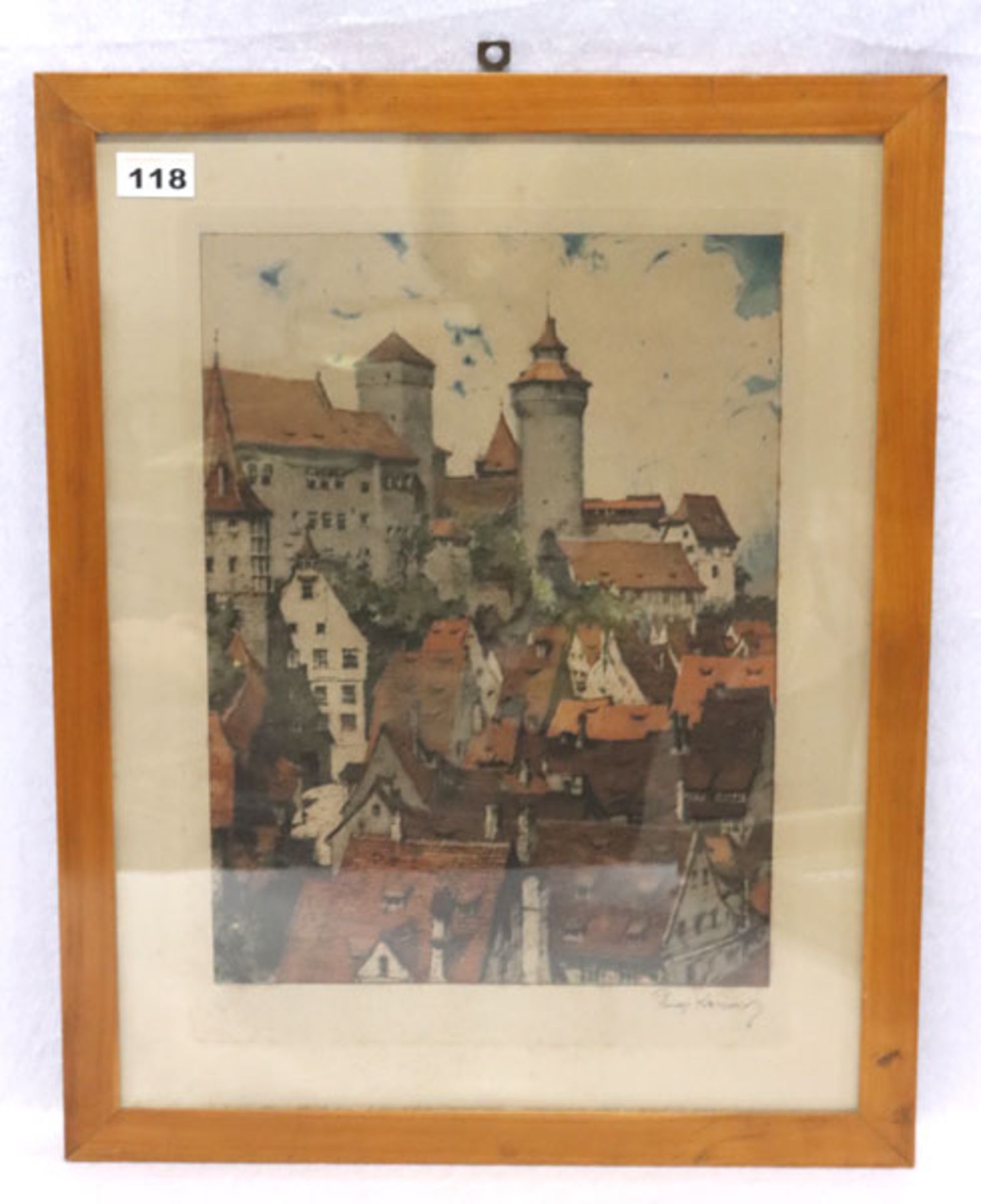 Farbradierung 'Nürnberg mit Burg', signiert Luigi Kasimir, 1918, * 1881 Pettau + 1962 Wien,