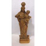 Holz Figurenskulptur 'Sichelmadonna mit Kind', gebeizt, H 67 cm, B 30 cm, T 21 cm, Leimungsspuren,