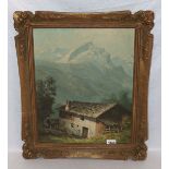 Gemälde ÖL/Holz 'Bauernhaus vor Alpspitze', signiert Fedrizzi, Hermann, Maler des 19./20.