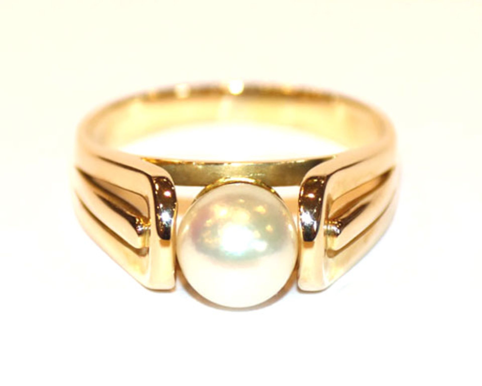 14 k Gelbgold Ring mit Perle, Gr. 60, 6,7 gr.