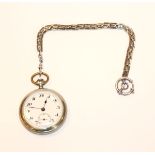 Nickel Taschenuhr, intakt, D 5 cm, an 800 Silber Kette, L 23 cm, Tragespuren