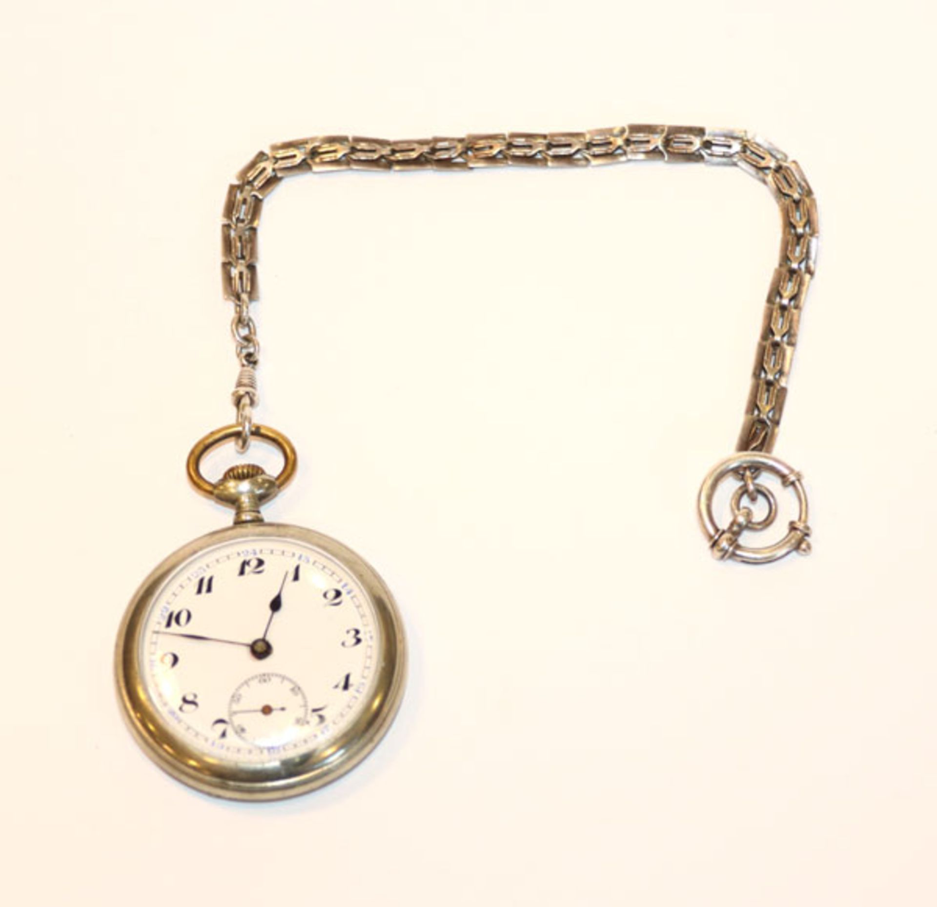 Nickel Taschenuhr, intakt, D 5 cm, an 800 Silber Kette, L 23 cm, Tragespuren