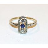 14 k Gelb- und Weißgold Ring mit Safir und Diamanten, schöne Handarbeit um 1920/30, 2,3 gr., Gr. 53