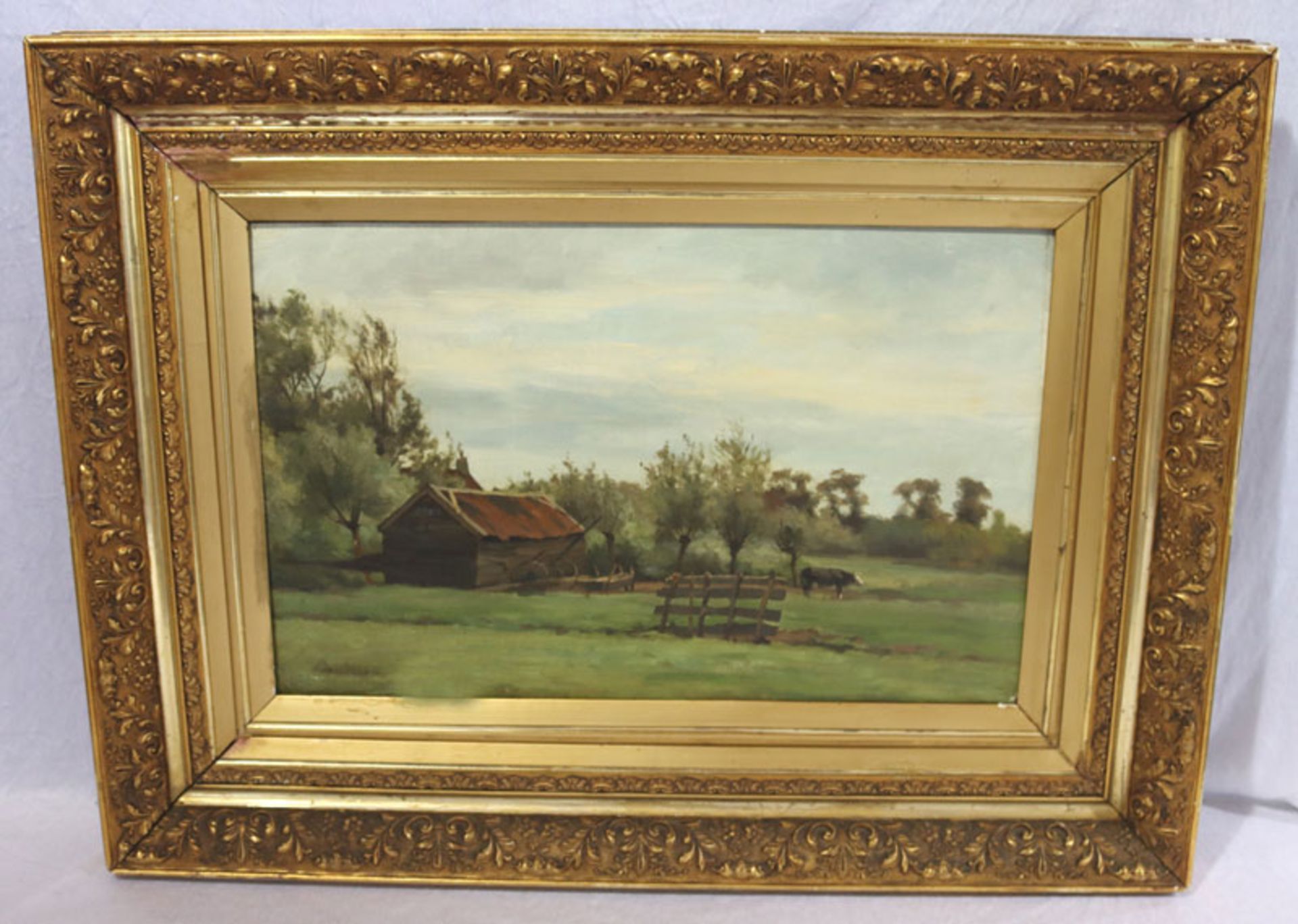 Gemälde ÖL/Holz 'Landschafts-Szenerie mit Kuh', undeutlich signiert Daubigny ?, gerahmt, Rahmen
