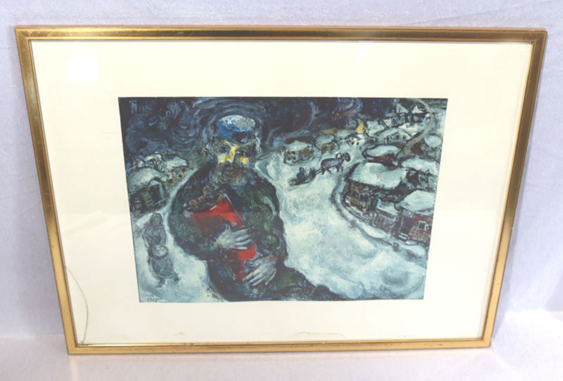 Lithographie 'Holzsammler im Winter mit Dorfansicht', nach Marc Chagall, mit Passepartout unter Glas