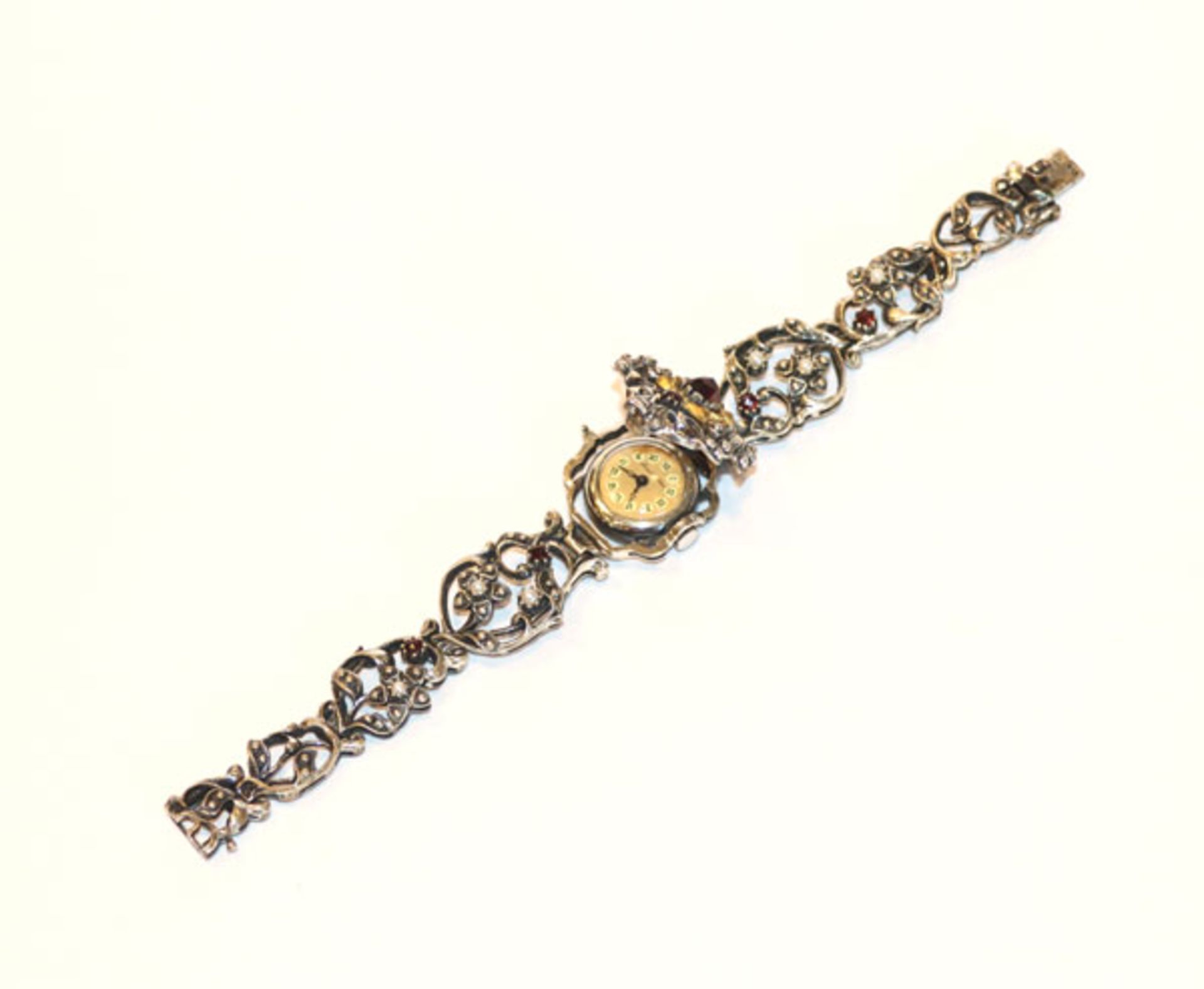 Silber Trachten-Armband mit Uhr, verziert mit Granaten und kleinen Perlchen, Bartel & Sohn,