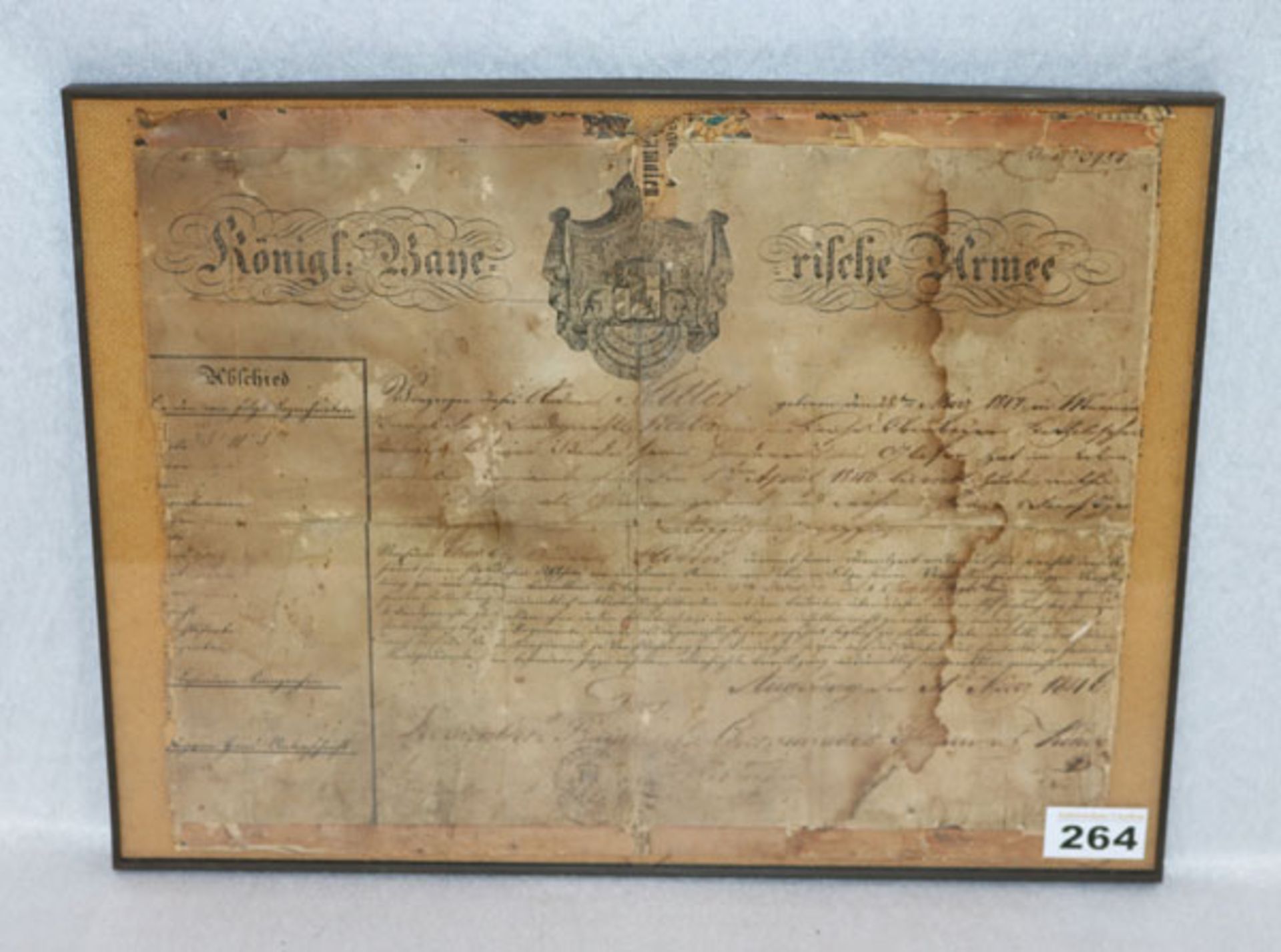 Urkunde, datiert 31. März 1846 Königl. Bayerische Armee, Papier stark beschädigt, unter Glas