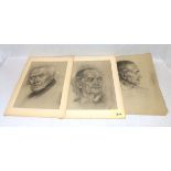 3 Zeichnungen 'Herrenportraits', eines monogrammiert, 2 mit Passepartout, Blätter und Passepartout