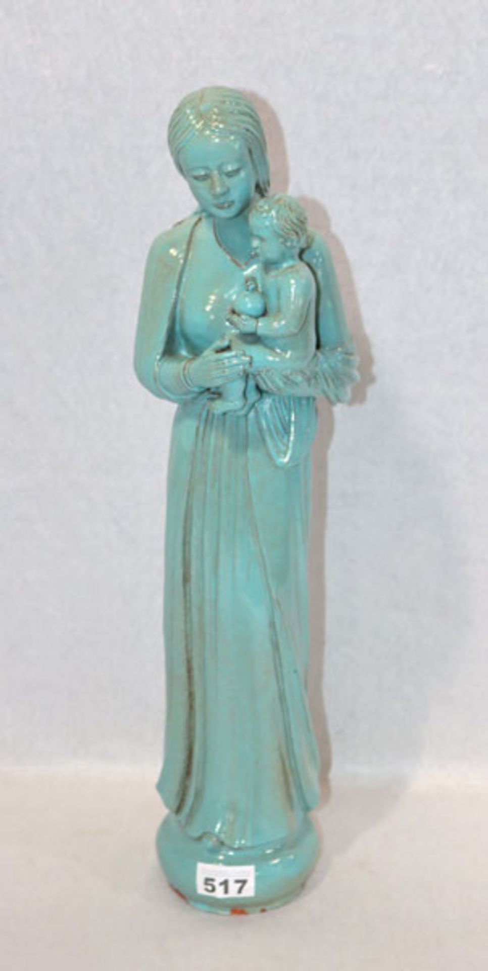 Ton Figurenskulptur 'Maria mit Kind', türkis glasiert, leicht bestossen, H 53 cm, D 13 cm,