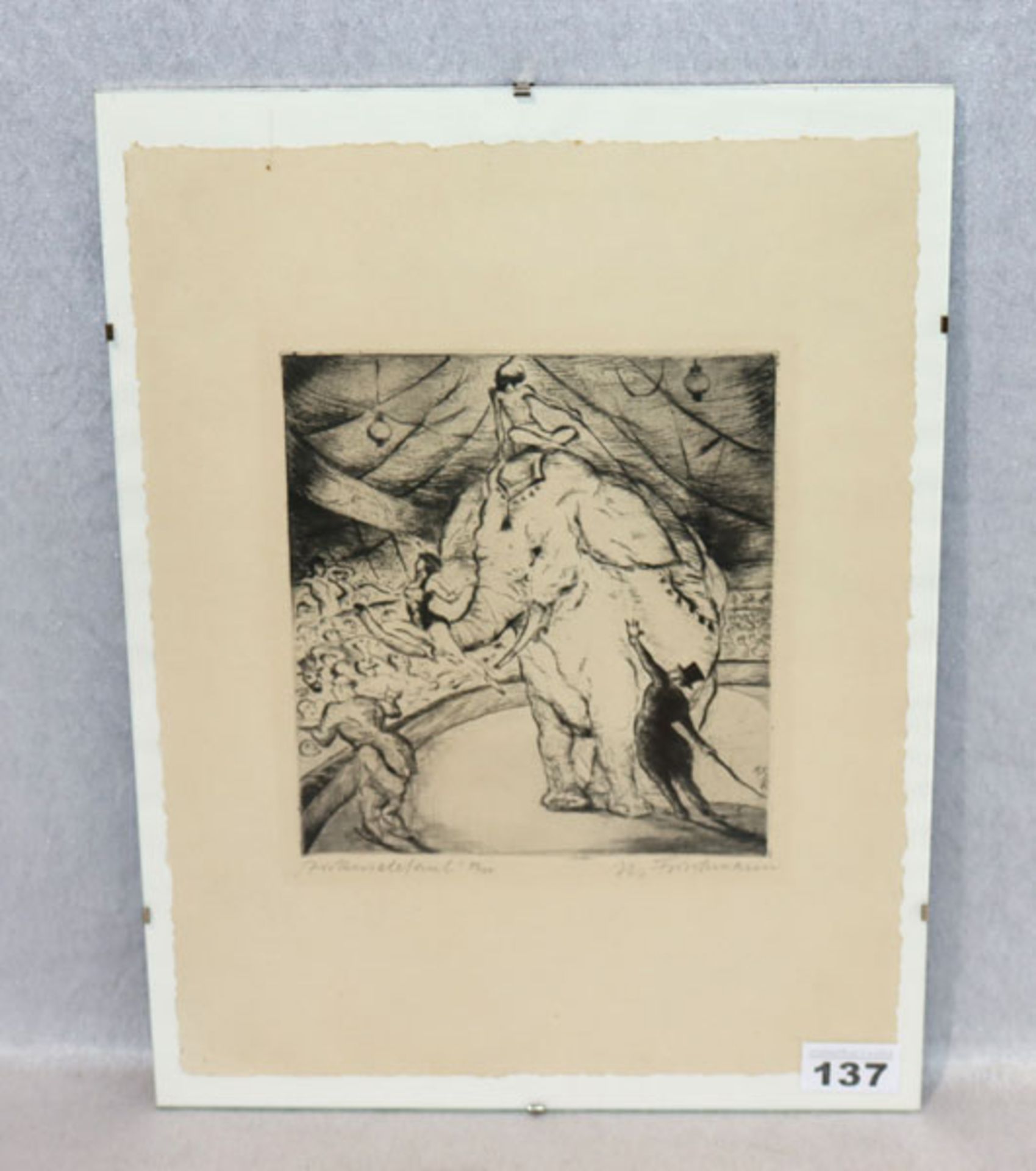 Lithografie 'Zirkuselefant', Nr. 83/100, signiert, M. Frischmann, Marcel Frischmann, * 1900 +