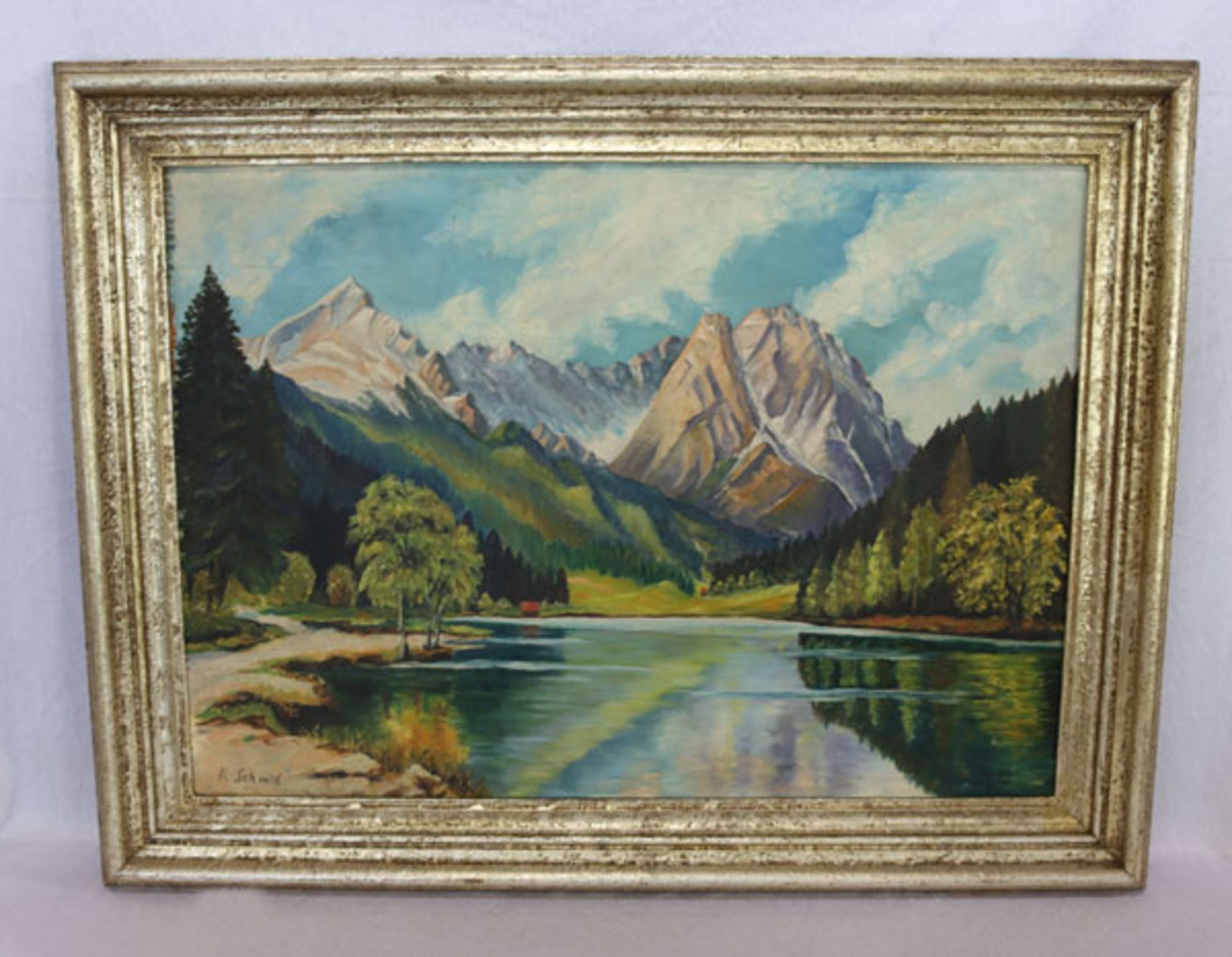 Gemälde ÖL/Hartfaser 'Riessersee mit Wettersteingebirge', signiert R. Schmid, gerahmt, Rahmen leicht