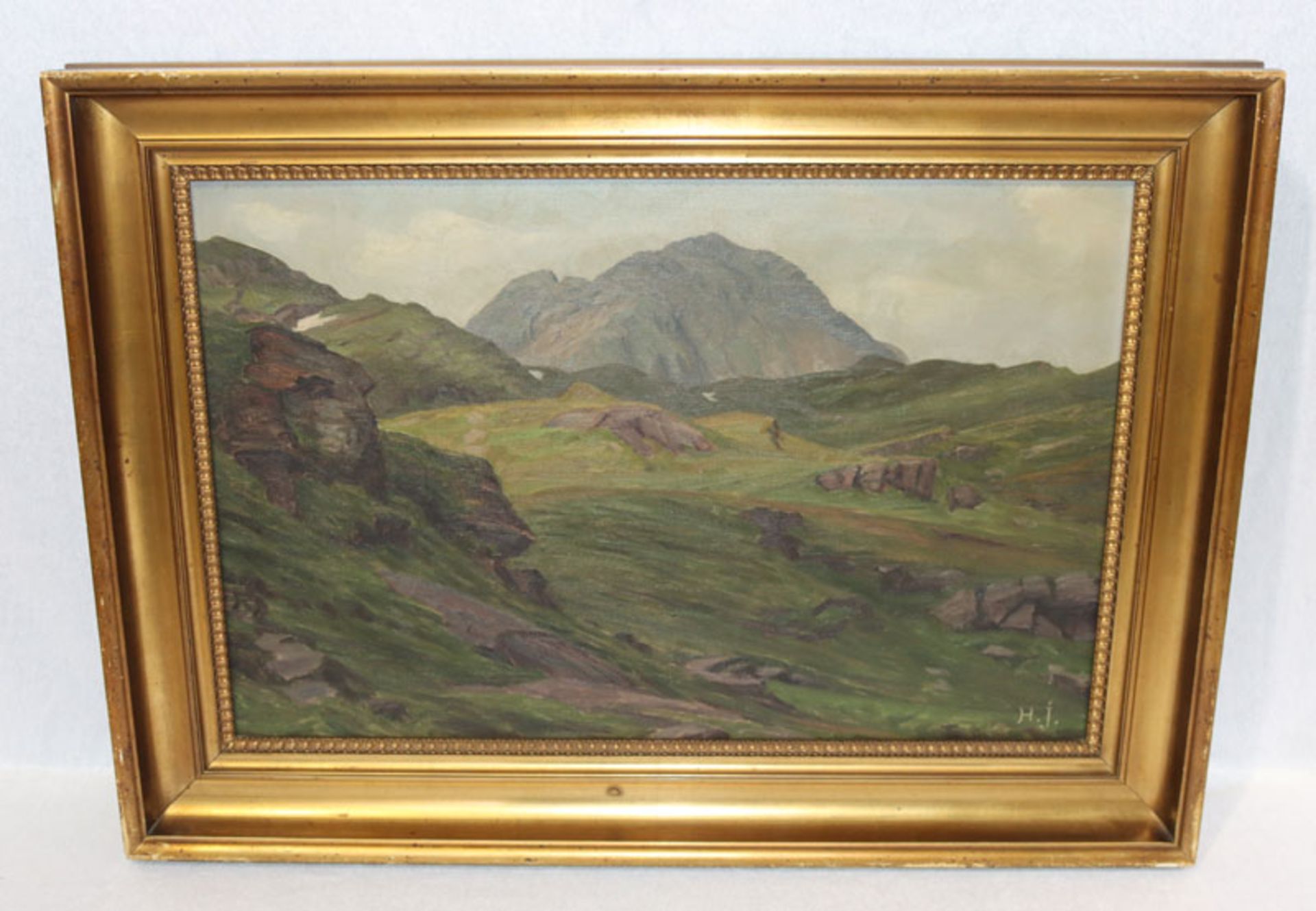 Gemälde ÖL/LW 'Berglandschaft', monogrammiert H. J., wohl für Henrik Gamst Jespersen, * 1853 + 1936,