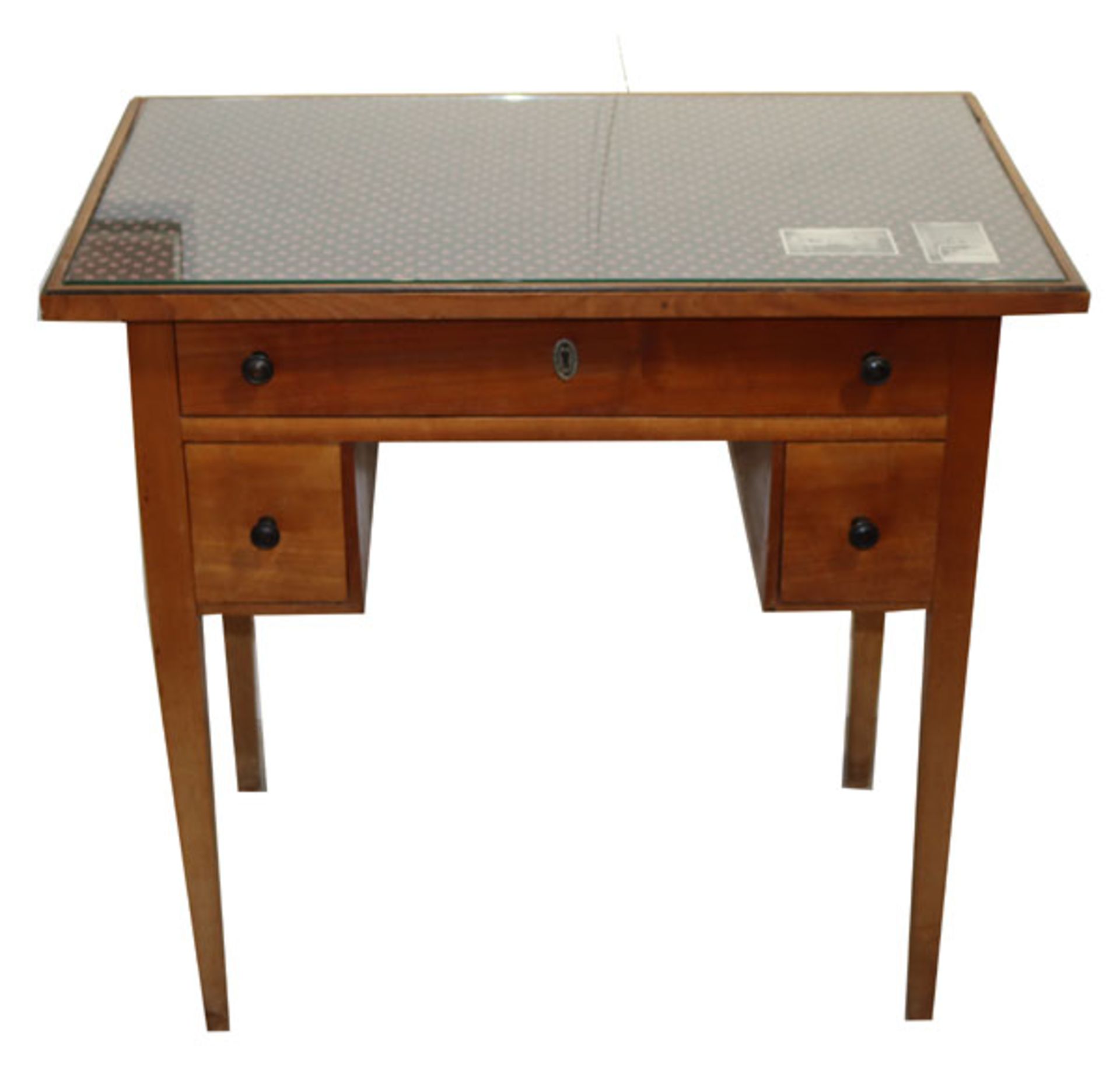 Schreibtisch, Korpus mit 3 Schüben, Glasplatte, H 75 cm, B 80 cm, T 51 cm, Alters- und