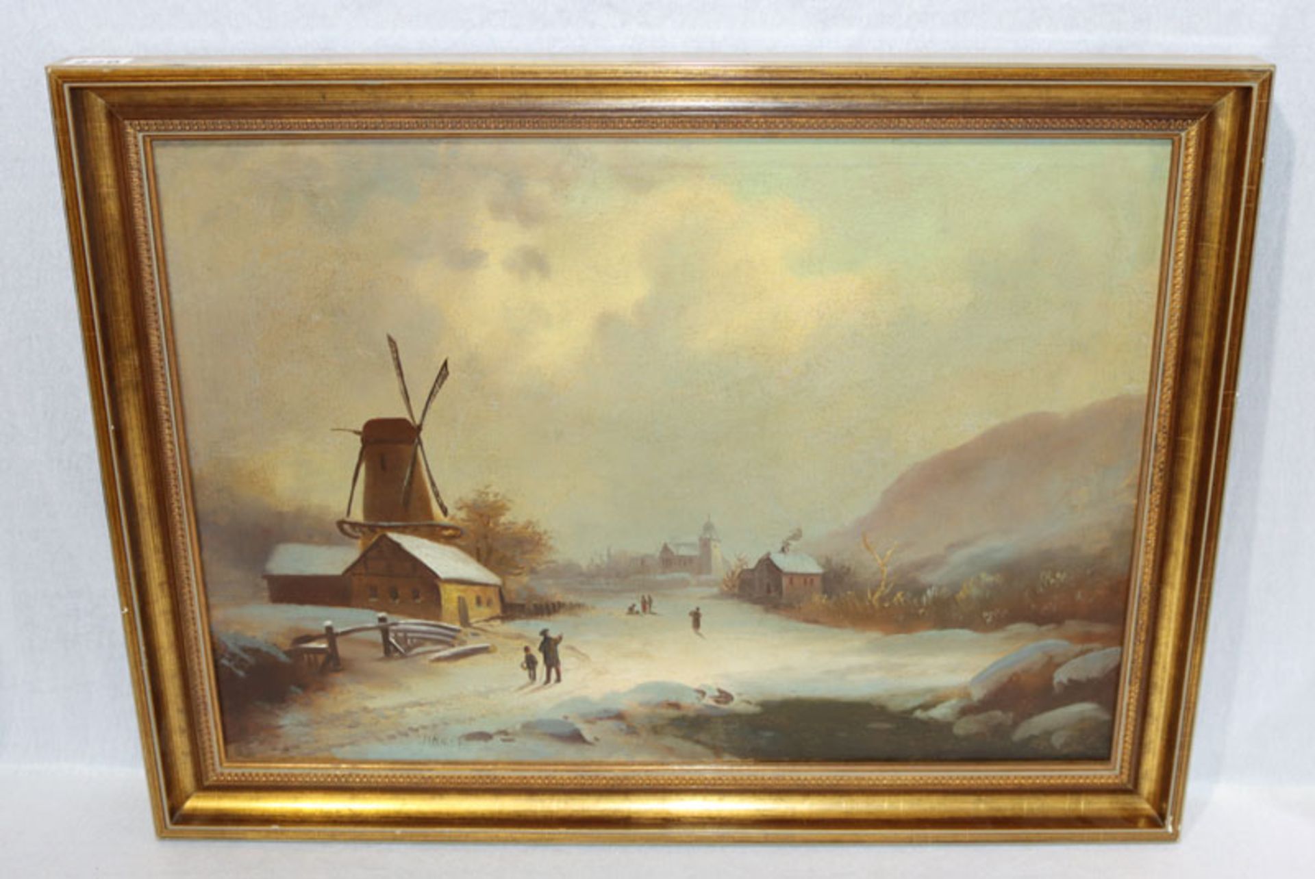 Gemälde ÖL/LW 'Holländische Winterlandschaft', signiert H Rall ?, gerahmt, Rahmen bestossen, incl.