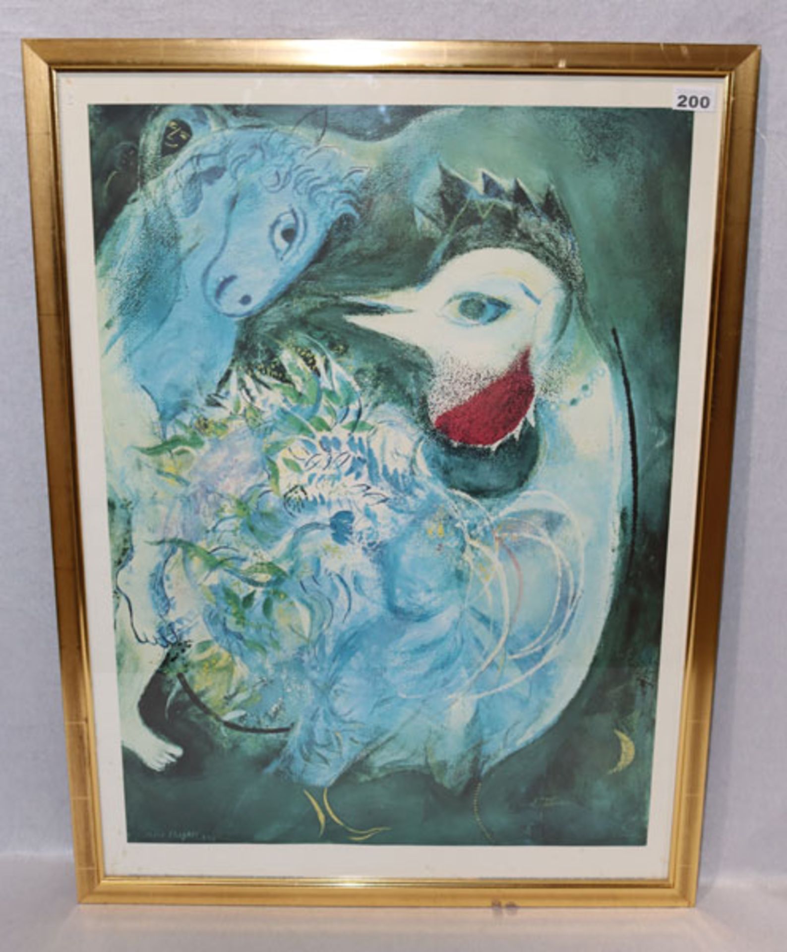 Plakat nach Marc Chagall 'Die blühende Feder', 1943, Blatt leicht fleckig, unter Glas gerahmt,