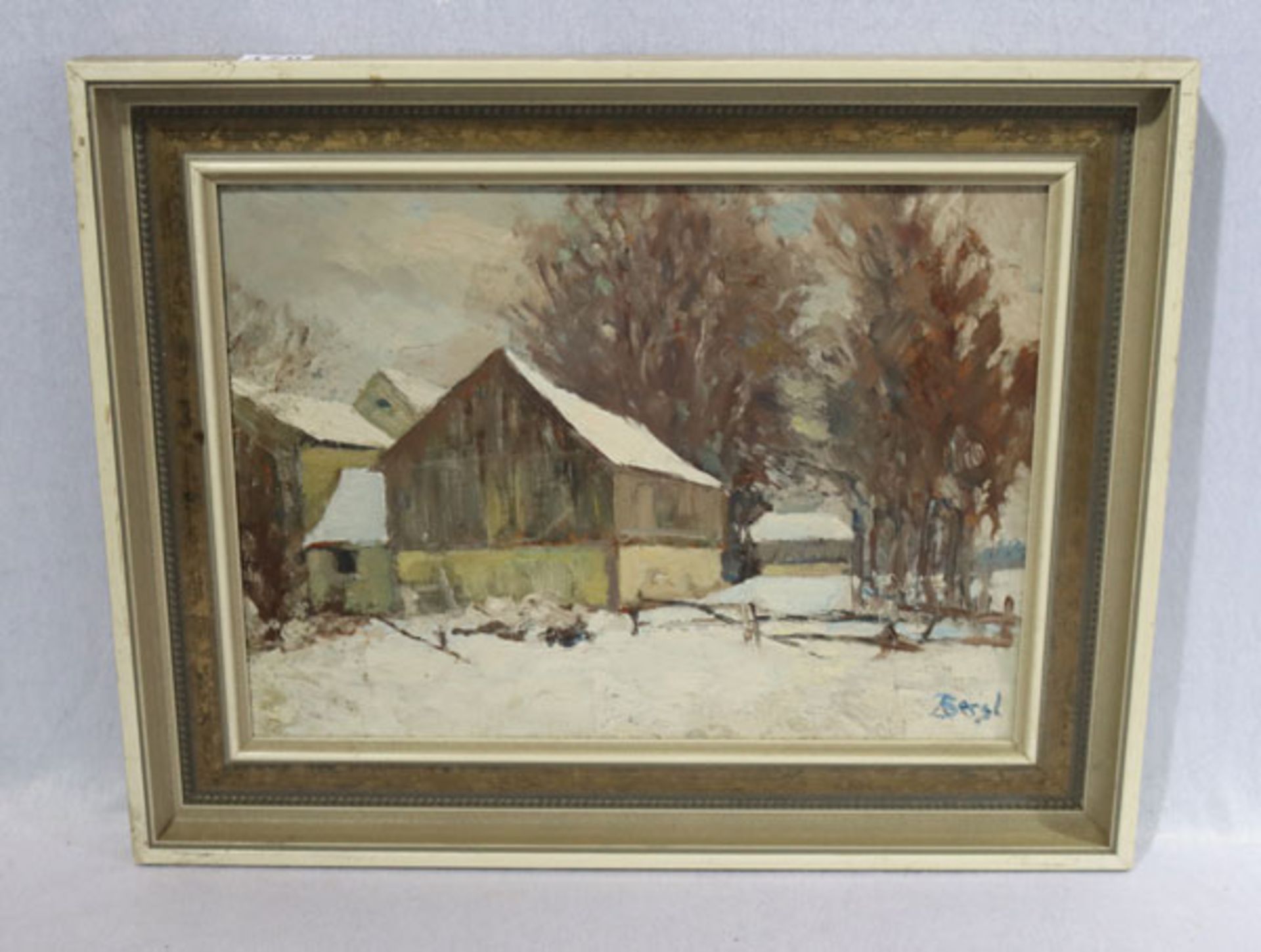 Gemälde ÖL/Hartfaser 'Bauernhof im Winter', signiert Bergl, gerahmt, Rahmen bestossen, incl.