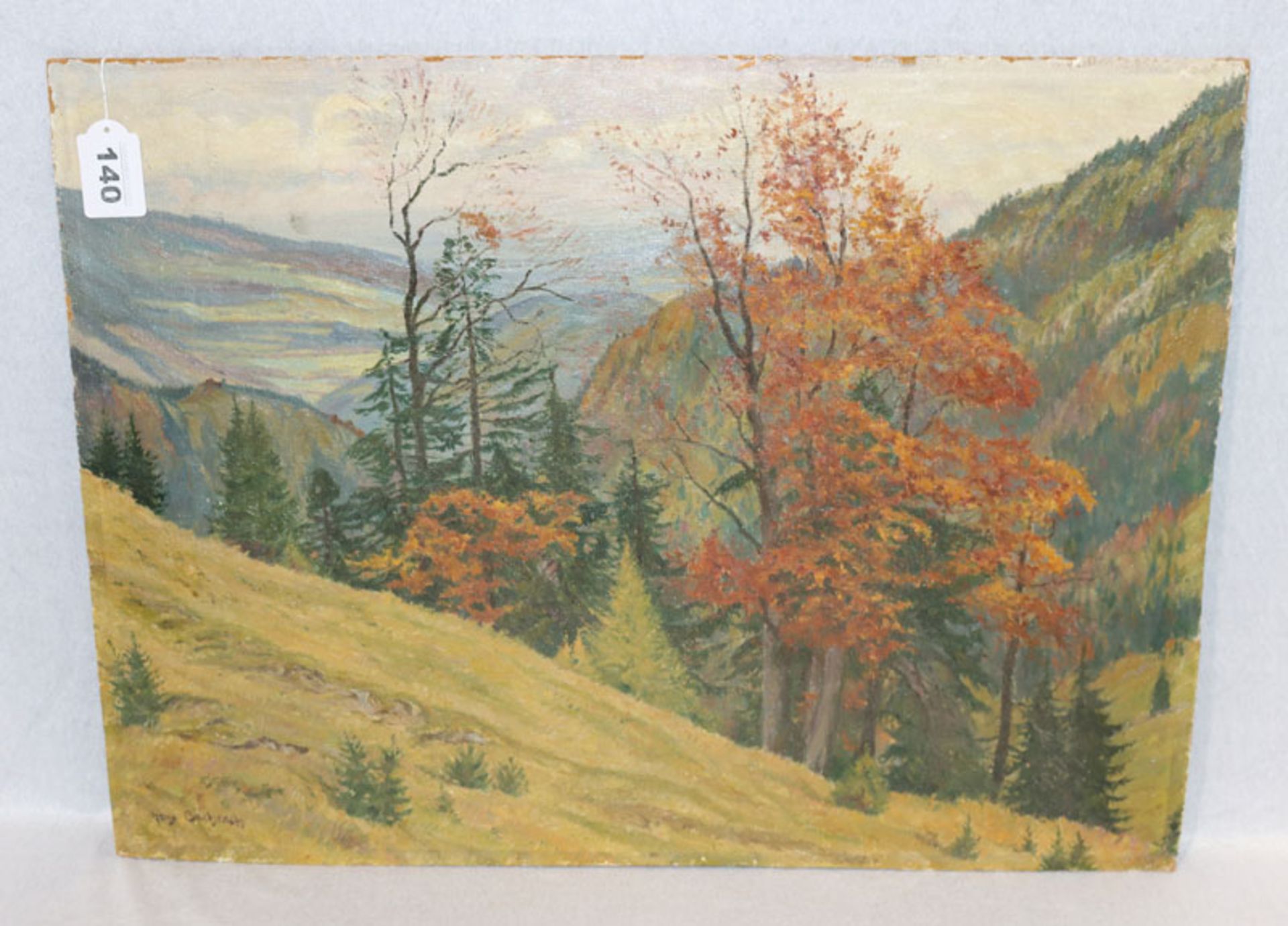Gemälde ÖL/Hartfaser 'Landschafts-Szenerie im Herbst', signiert Hans Bachrach, ohne Rahmung 45 cm