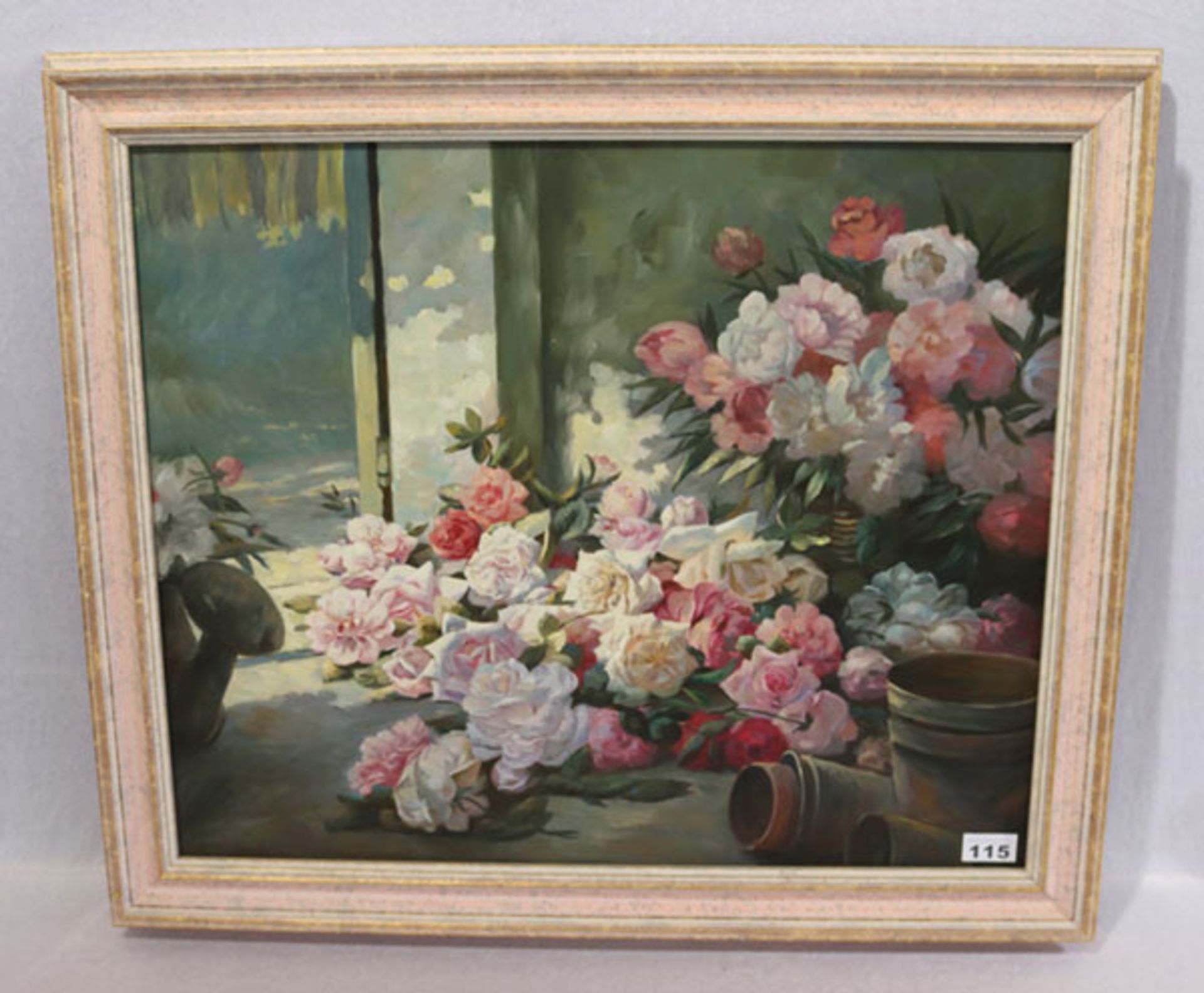 Gemälde ÖL/LW 'Rosenstillleben', gerahmt, Rahmen leicht bestossen, incl. Rahmen 62 cm x 72 cm