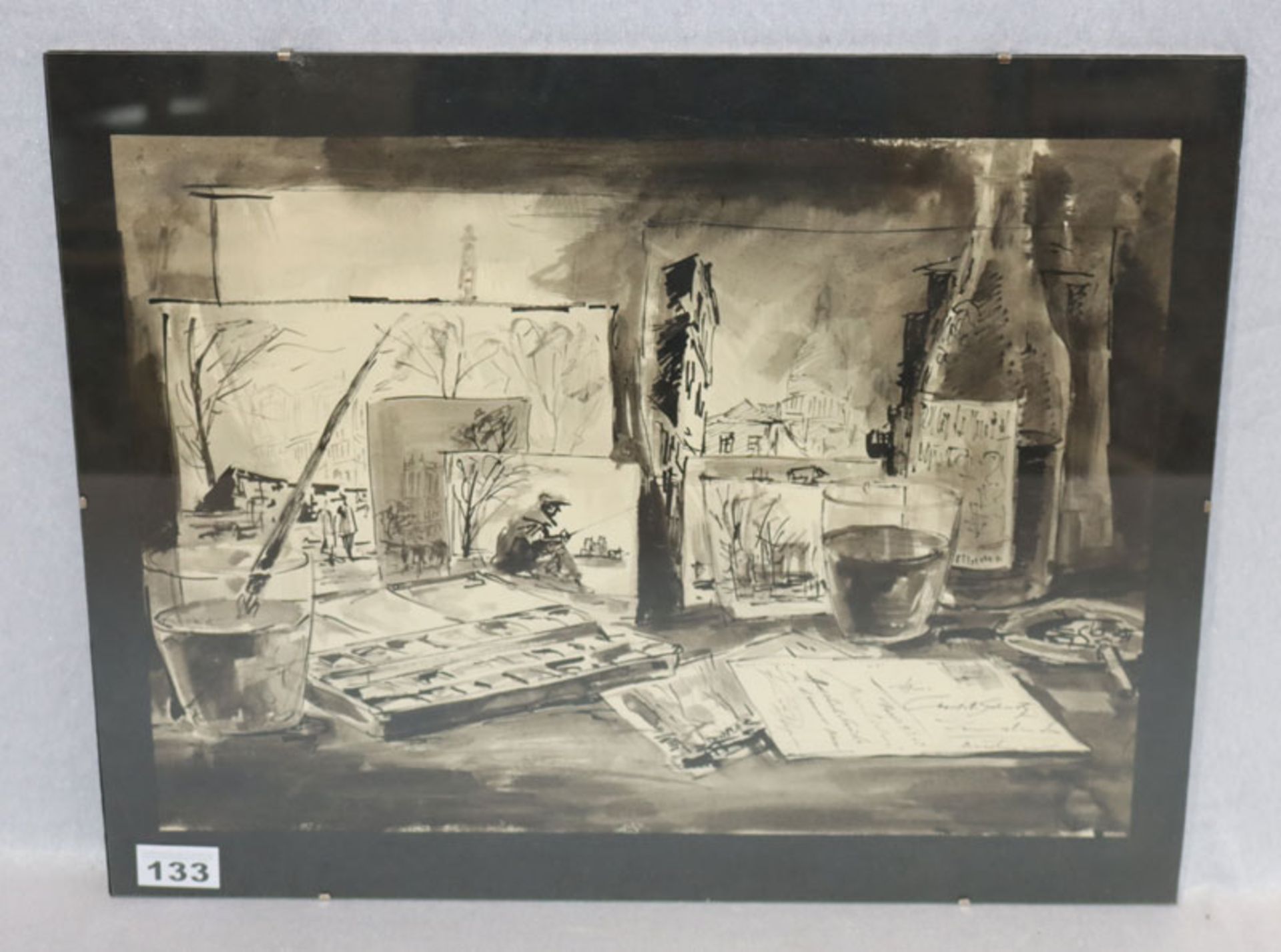 Aquarell 'Im Atelier', unter Glasrahmen, incl. Rahmen 40 cm x 50 cm