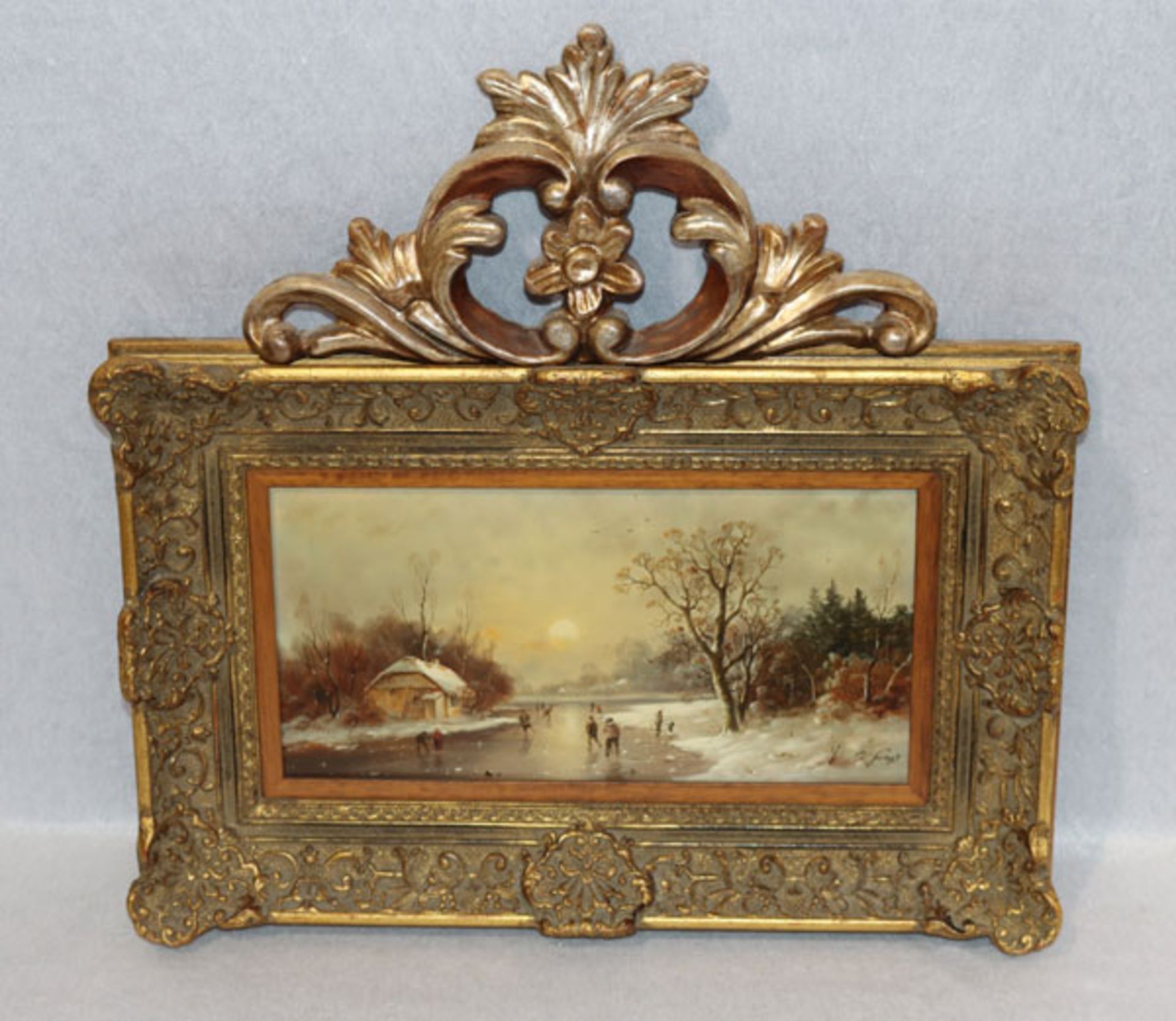 Gemälde ÖL/Holz 'Winterszenerie mit Eisläufern', signiert H. Graß, (Hans), * 1935 Königsberg,