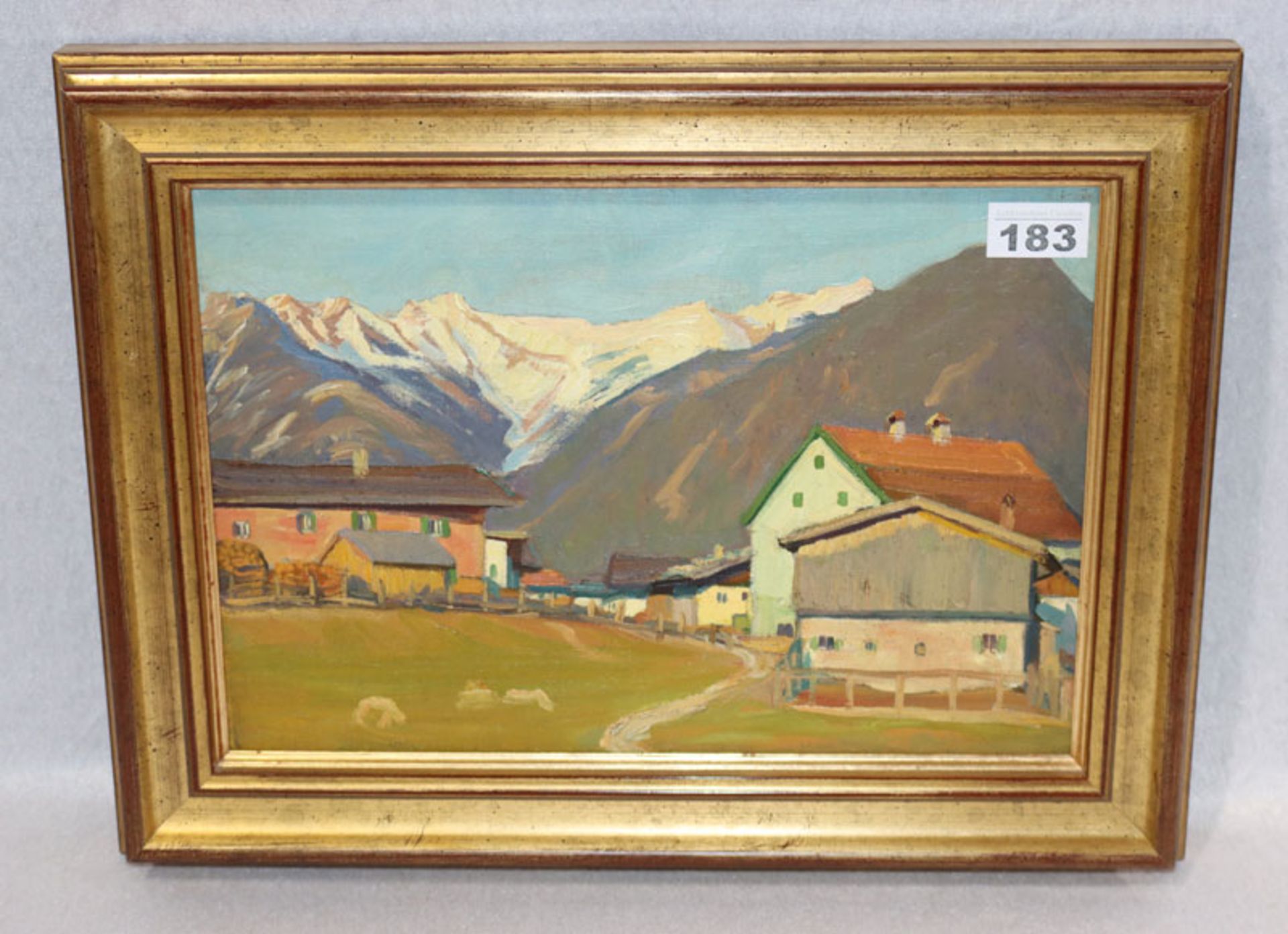 Gemälde ÖL/LW 'Dorf im Hochgebirge', gerahmt, incl. Rahmen 34 cm x 44 cm