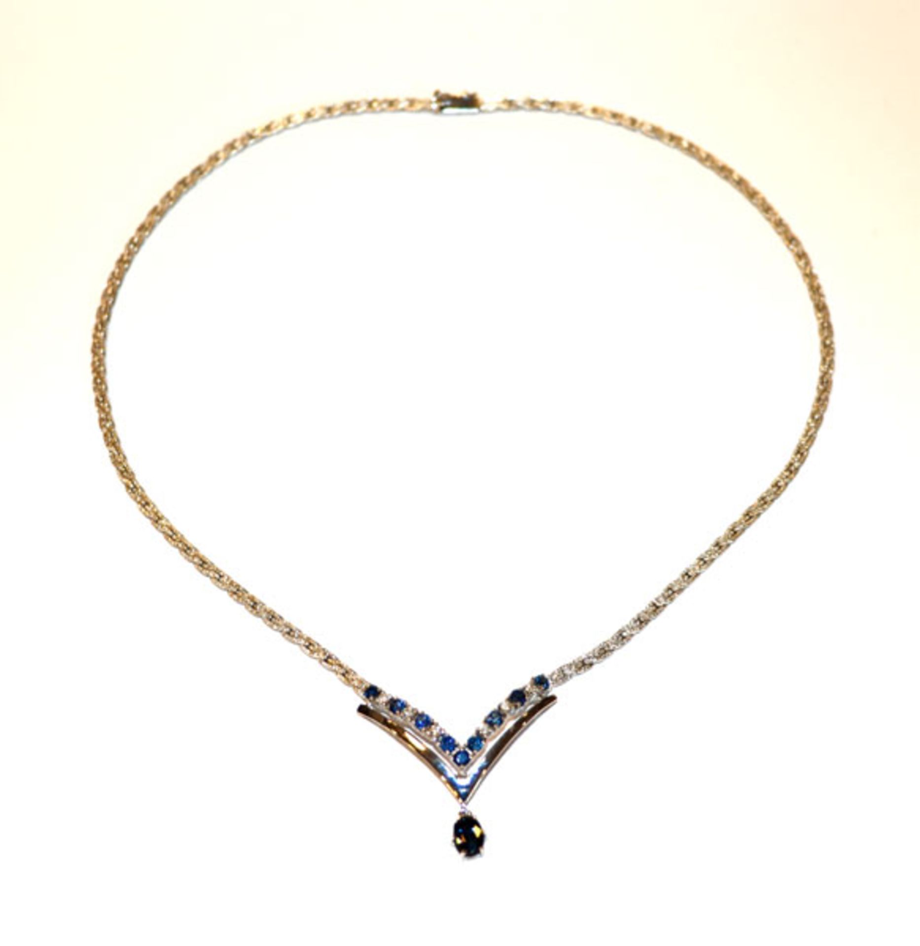 Klassisches 14 k Weißgold Halscollier, mattierte Kette, 6 Diamanten und 10 Safiren, 21 gr., L 42 cm