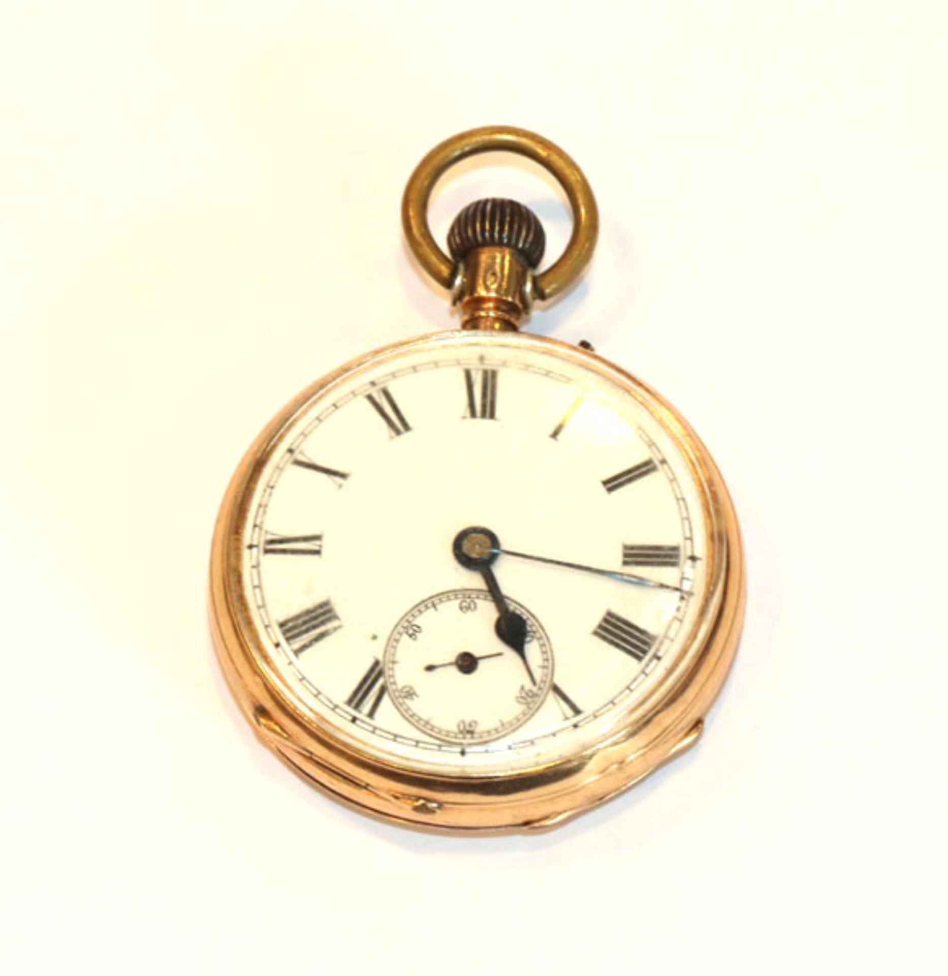 14 k Gelbgold Taschenuhr, wohl intakt, 73 gr., D 4,5 cm, Gehäuse verbeult, Tragespuren