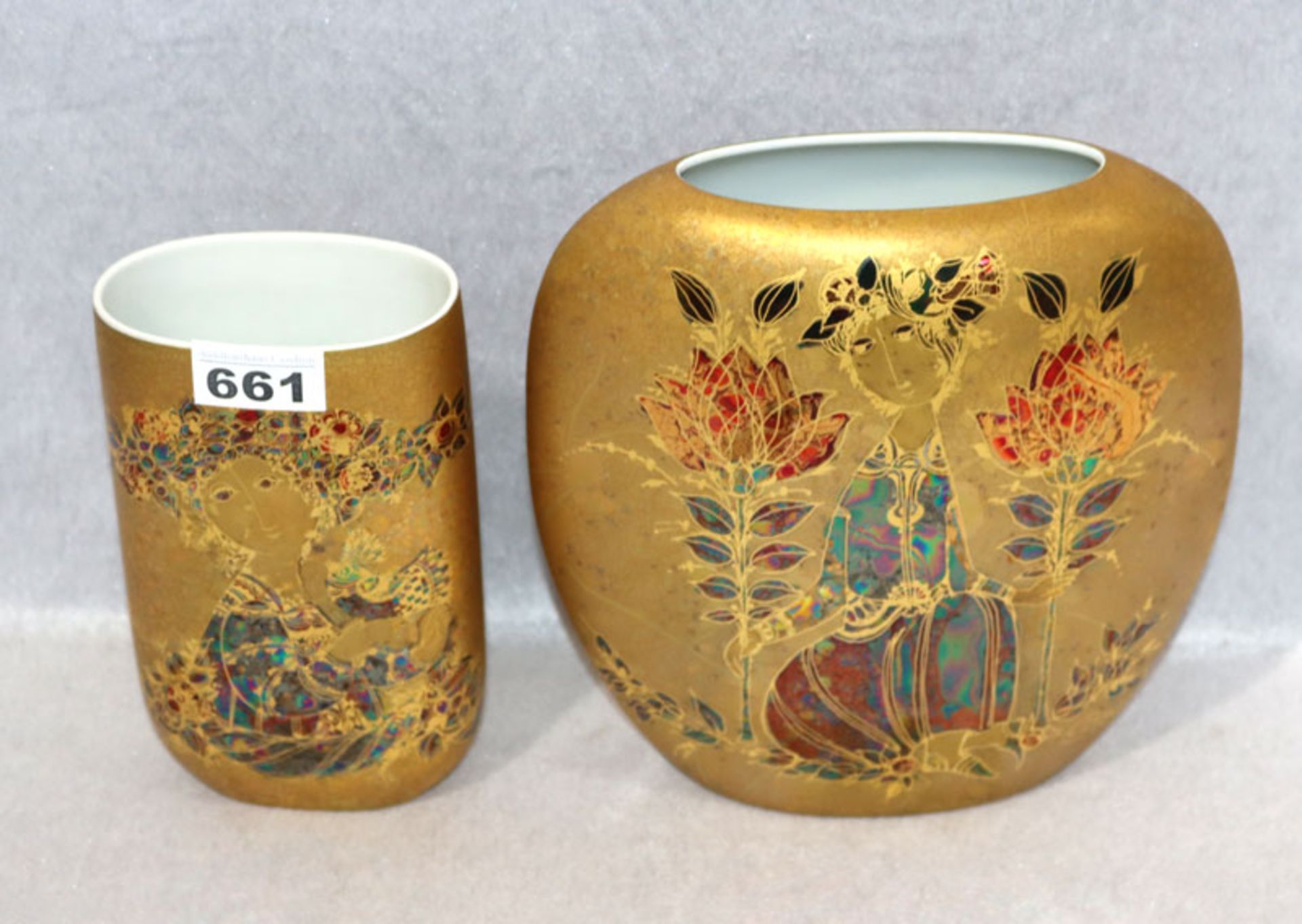 2 Rosenthal Vasen, Scheherazade, Björn Wiinblad, Studio Line, gold, H 18/22 cm