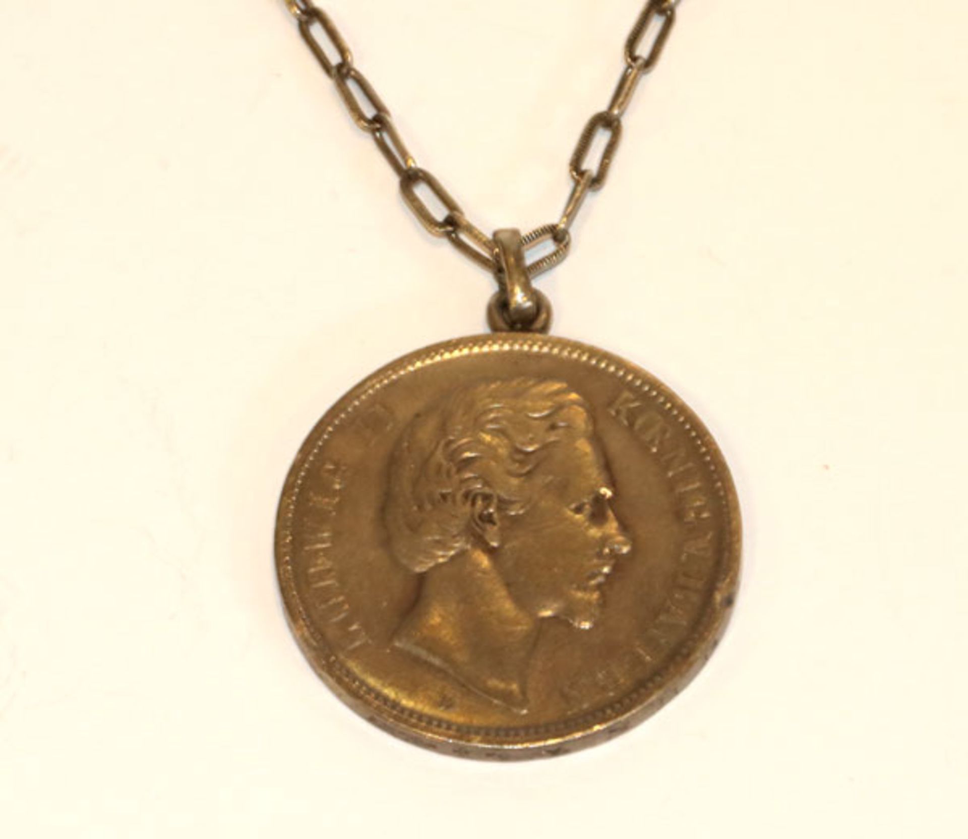 Silber Kette, L 80 cm, mit gehenkelter 5 Mark Münze, Deutsches Reich, König Ludwig II. von Bayern,