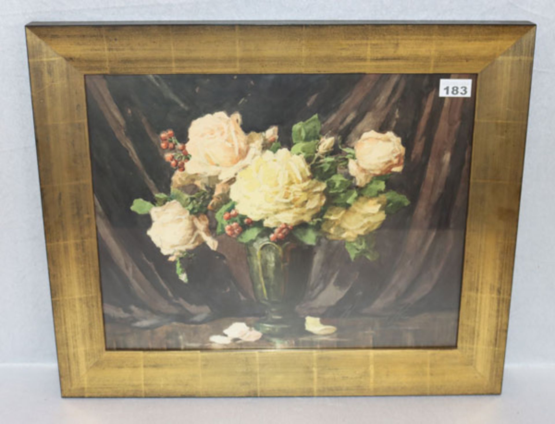 Aquarell 'Gelbe Rosen in Vase', undeutlich signiert Koos ?, unter Glas gerahmt, incl. Rahmen 50 cm x