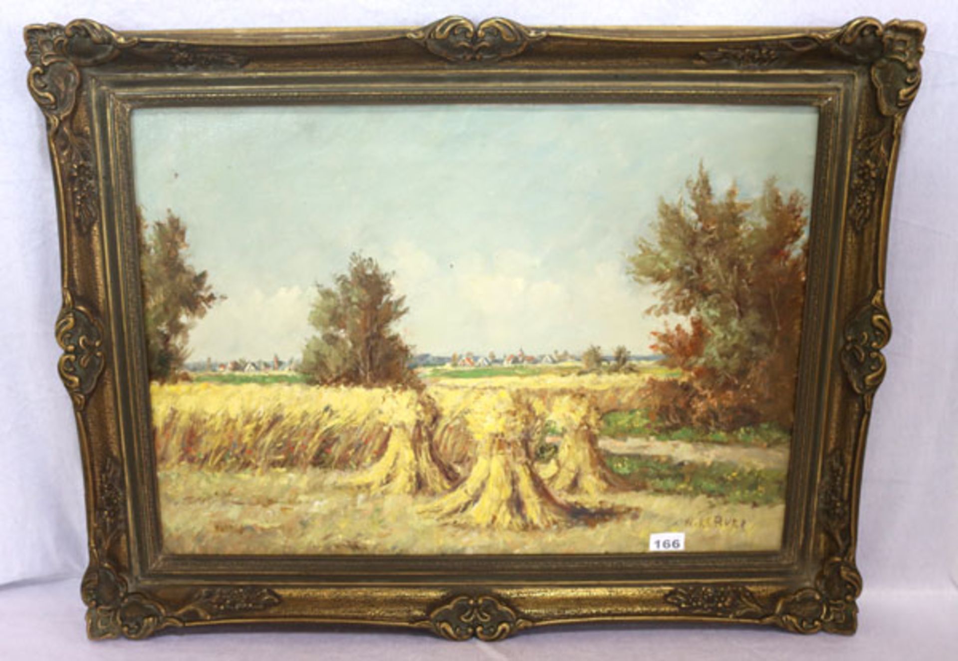 Gemälde ÖL/LW 'Sommerlandschaft mit Getreidefeld', signiert H. Kerver, LW links oben beschädigt,