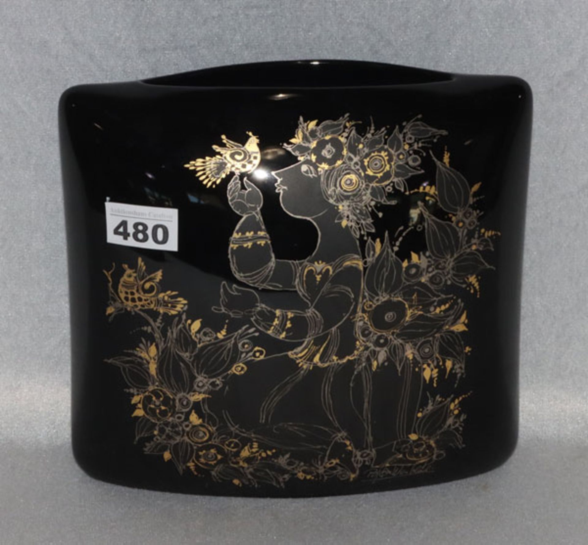 Rosenthal Vase, Entwurf Björn Wiinblad, studio line, schwarz/gold, R. M. Nairac, H 22 cm, B 24 cm,