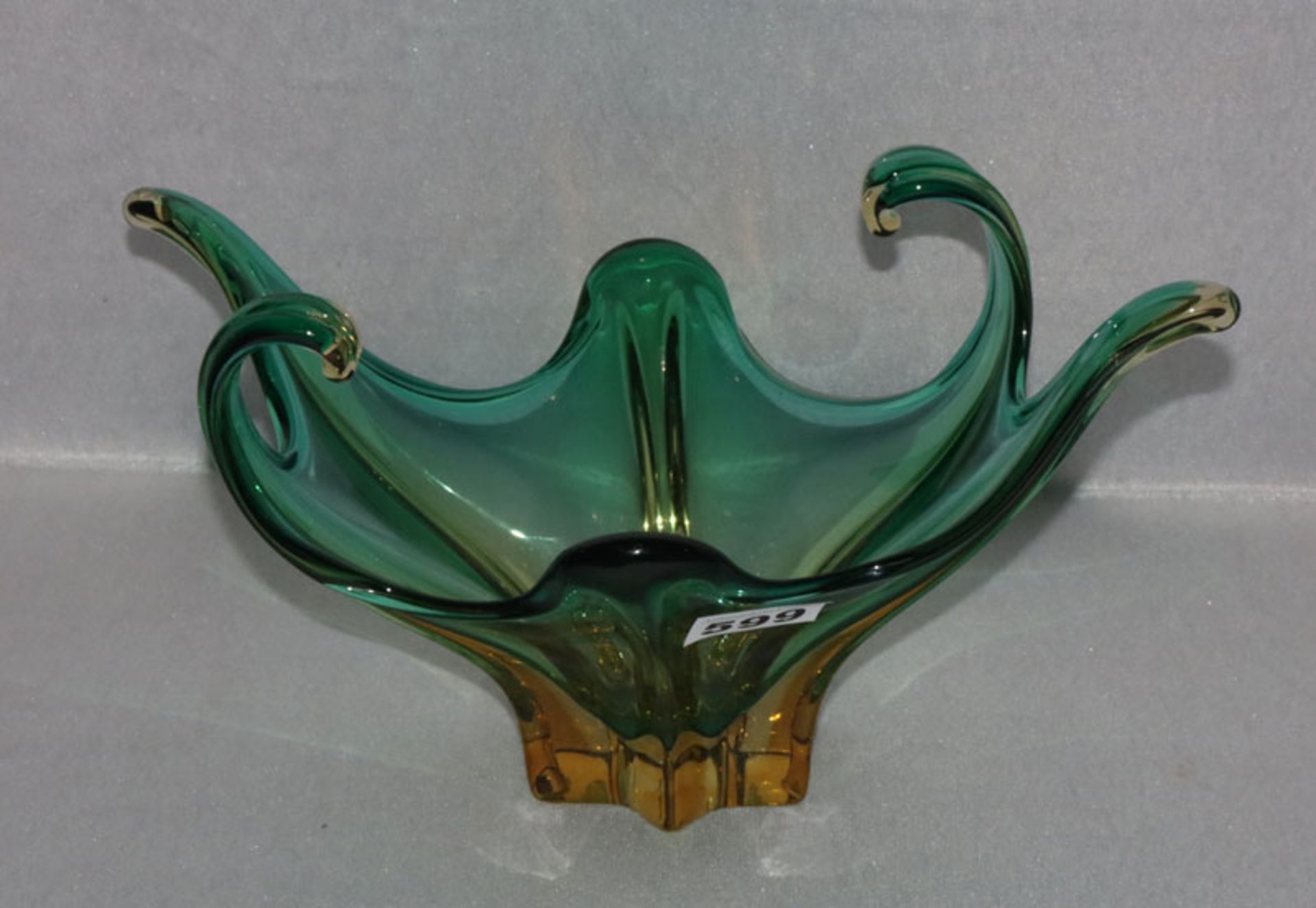 Murano Glasschale, gelb/grün, Sommerso antik, 50er Jahre, H 18 cm, B 33 cm, T 21 cm