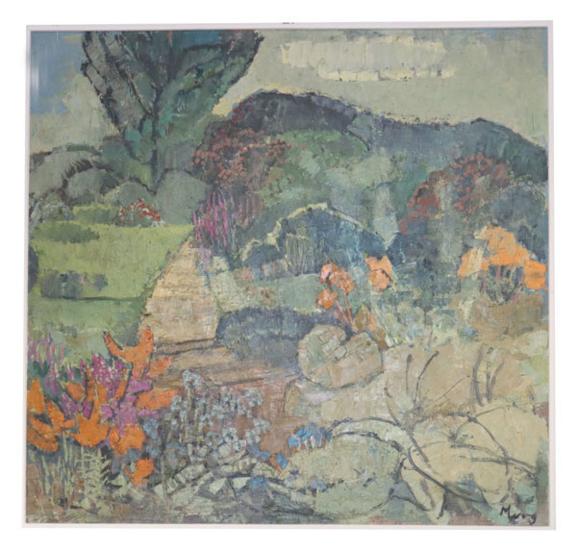 Gemälde ÖL/Hartfaser 'Parklandschaft', signiert Moog, gerahmt, incl. Rahmen 86 cm x 91 cm,