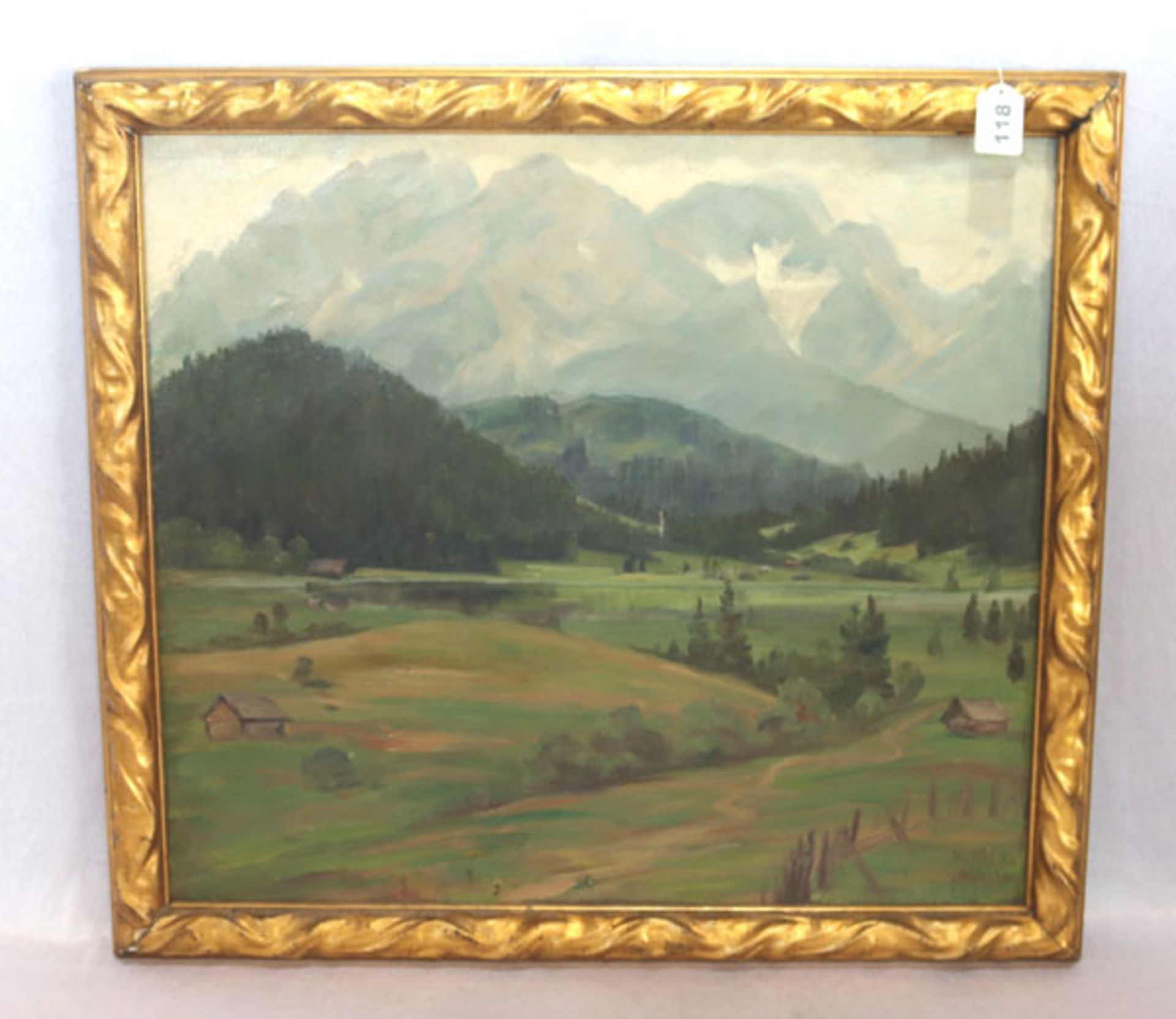 Gemälde ÖL/LW 'Voralpenlandschaft', signiert M. Klocke, München, Maria Klocke, * Düren, lebte in