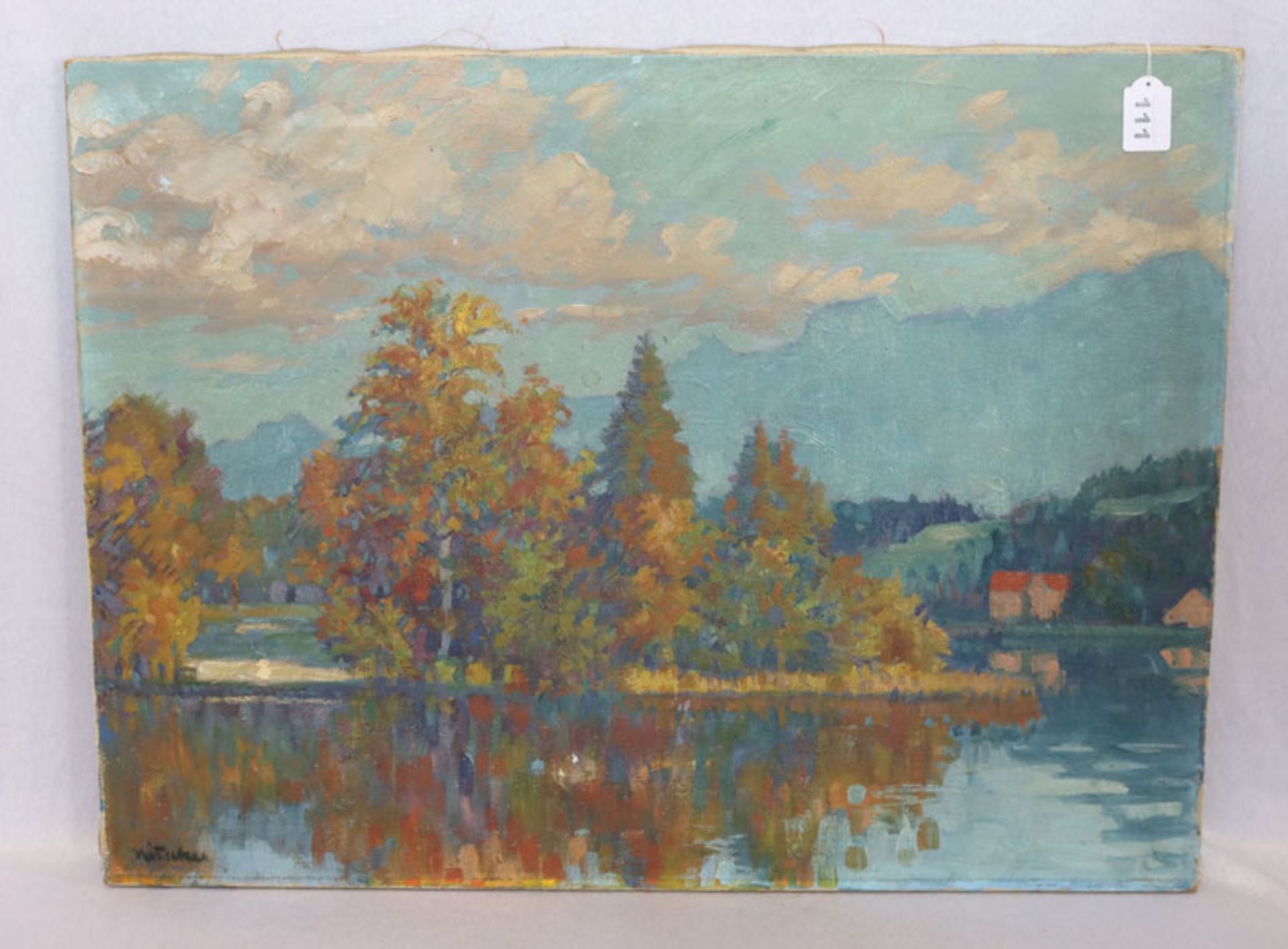 Gemälde ÖL/LW 'Herbstlandschaft mit See', undeutlich signiert, LW teils beschädigt,