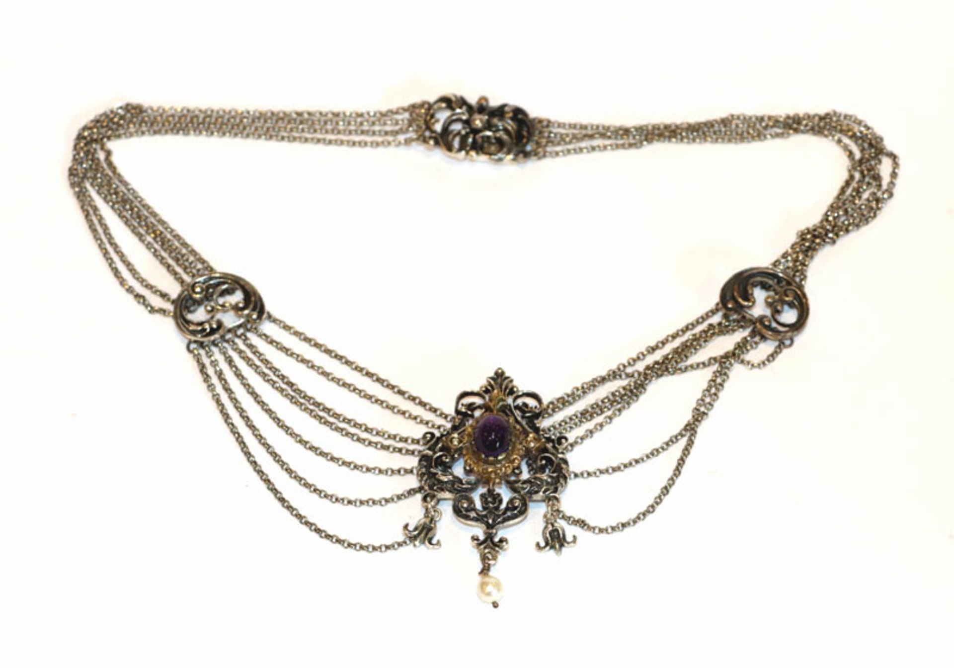 Trachten-Collier, 835 Silber mit Amethyst und Perle, L 42 cm, 47 gr.